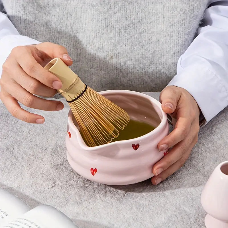 5pcs Matcha Set – Pink Ceramic Heart Bowl & Bamboo Tools - TARHUS