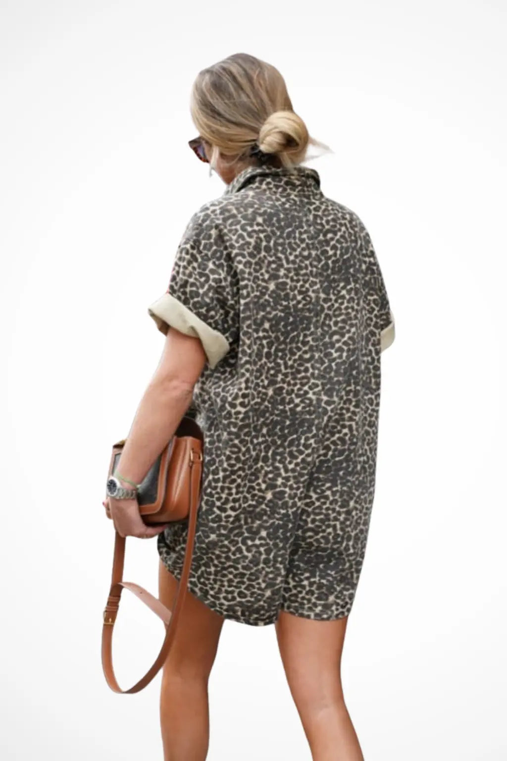 Zaria | Women’s Spring Cheeatah Print Mini Romper with Button Front TARHUS Jumpsuits