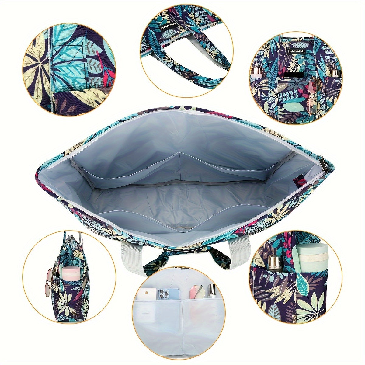 1pc Beach Bags for Women Tote Bag, Large Beach Bag with Zipper for Gym Travel Vocation, Floral tote bag TARHUS