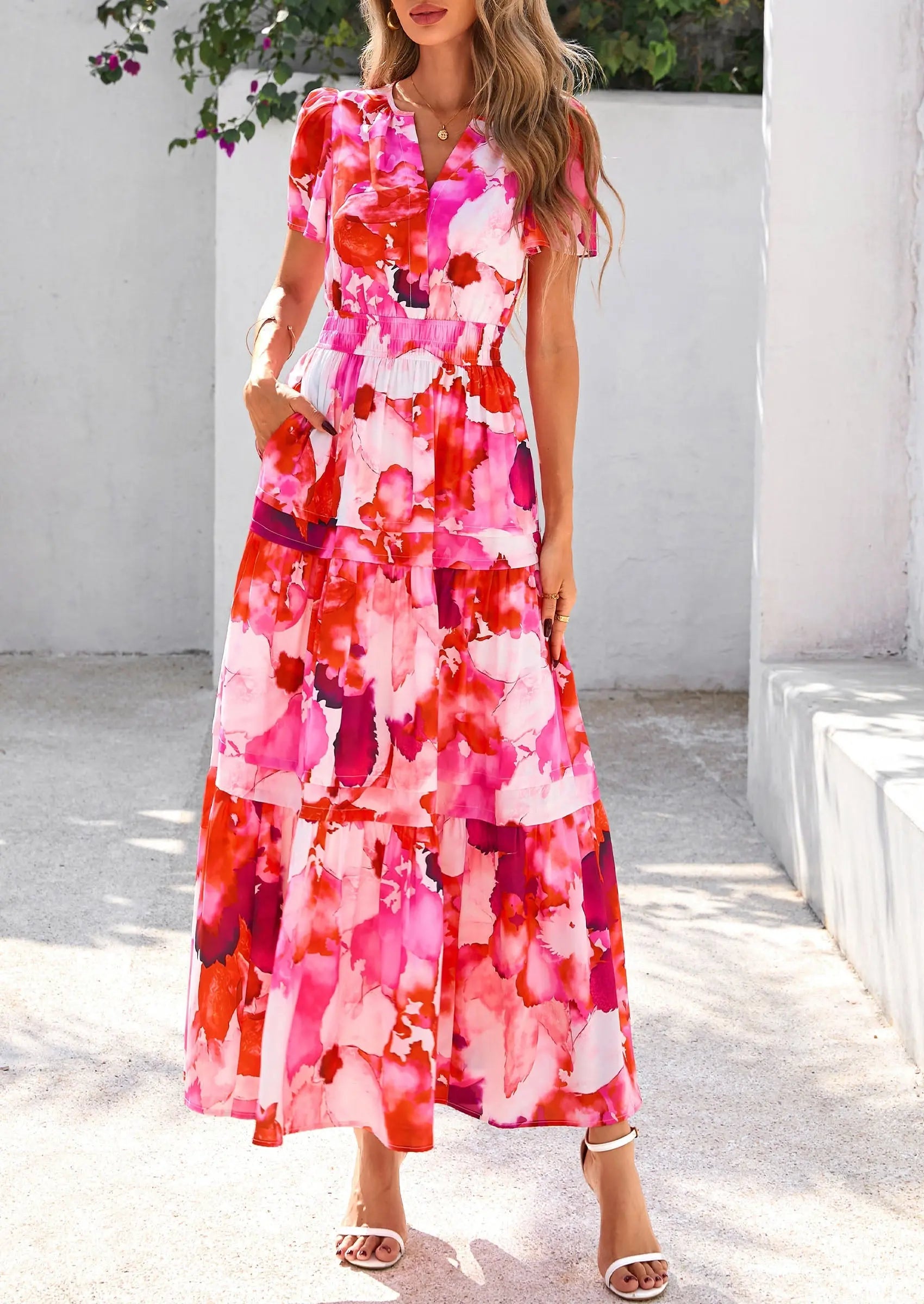 Boho Floral Short Sleeve V Neck A Line Tiered Ruffle Flowy Long Beach Vacation Maxi Dresses - TARHUS