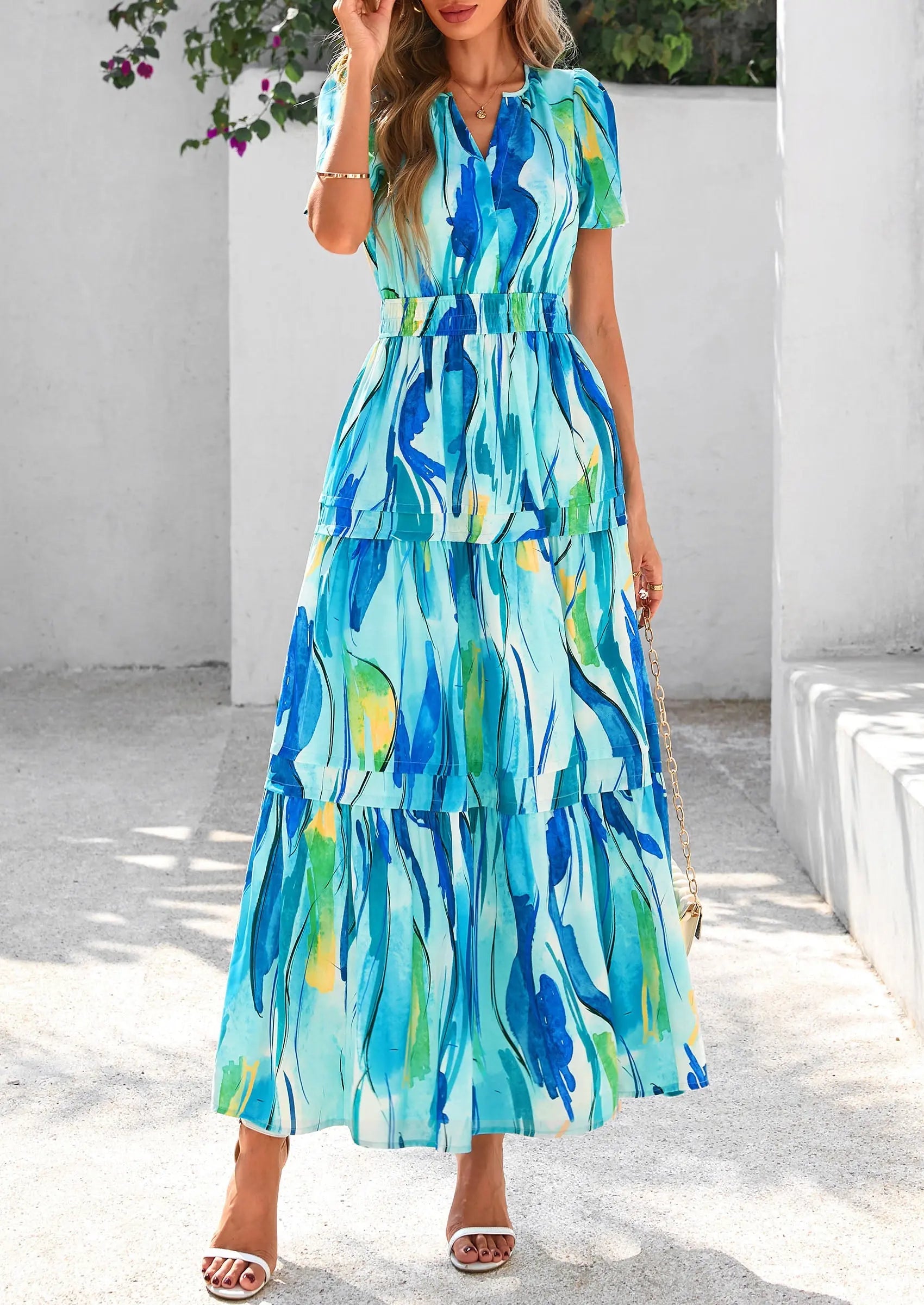 Boho Floral Short Sleeve V Neck A Line Tiered Ruffle Flowy Long Beach Vacation Maxi Dresses - TARHUS