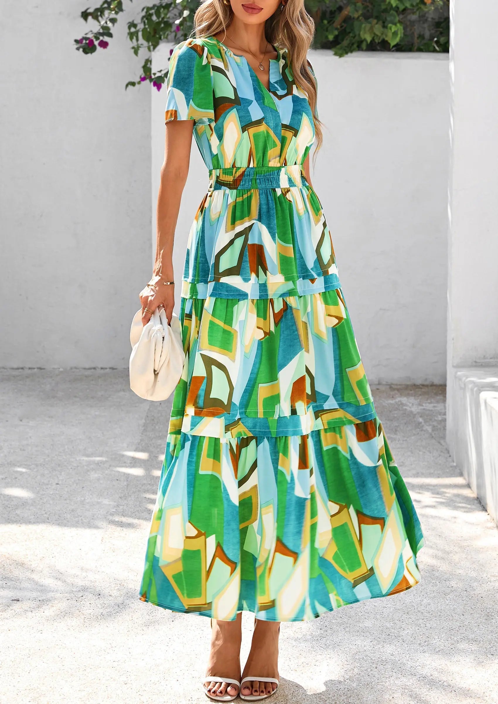 Boho Floral Short Sleeve V Neck A Line Tiered Ruffle Flowy Long Beach Vacation Maxi Dresses - TARHUS