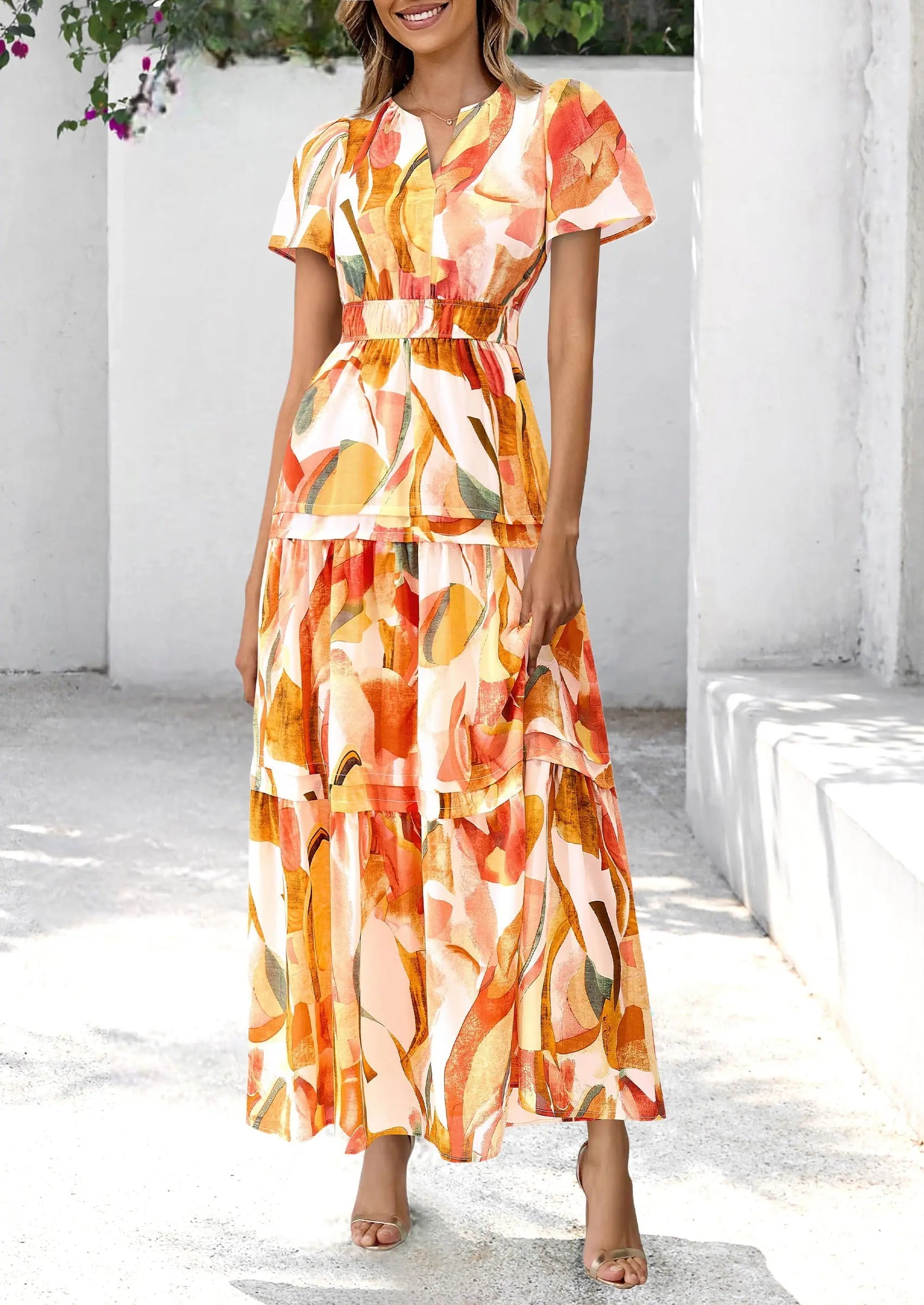 Boho Floral Short Sleeve V Neck A Line Tiered Ruffle Flowy Long Beach Vacation Maxi Dresses - TARHUS