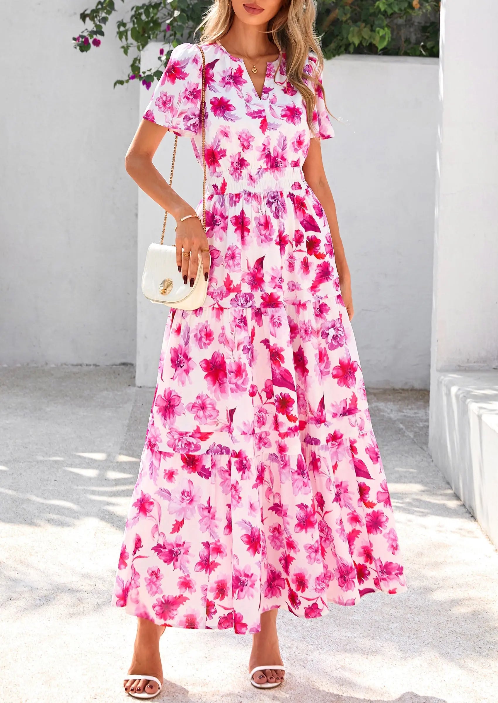 Boho Floral Short Sleeve V Neck A Line Tiered Ruffle Flowy Long Beach Vacation Maxi Dresses - TARHUS