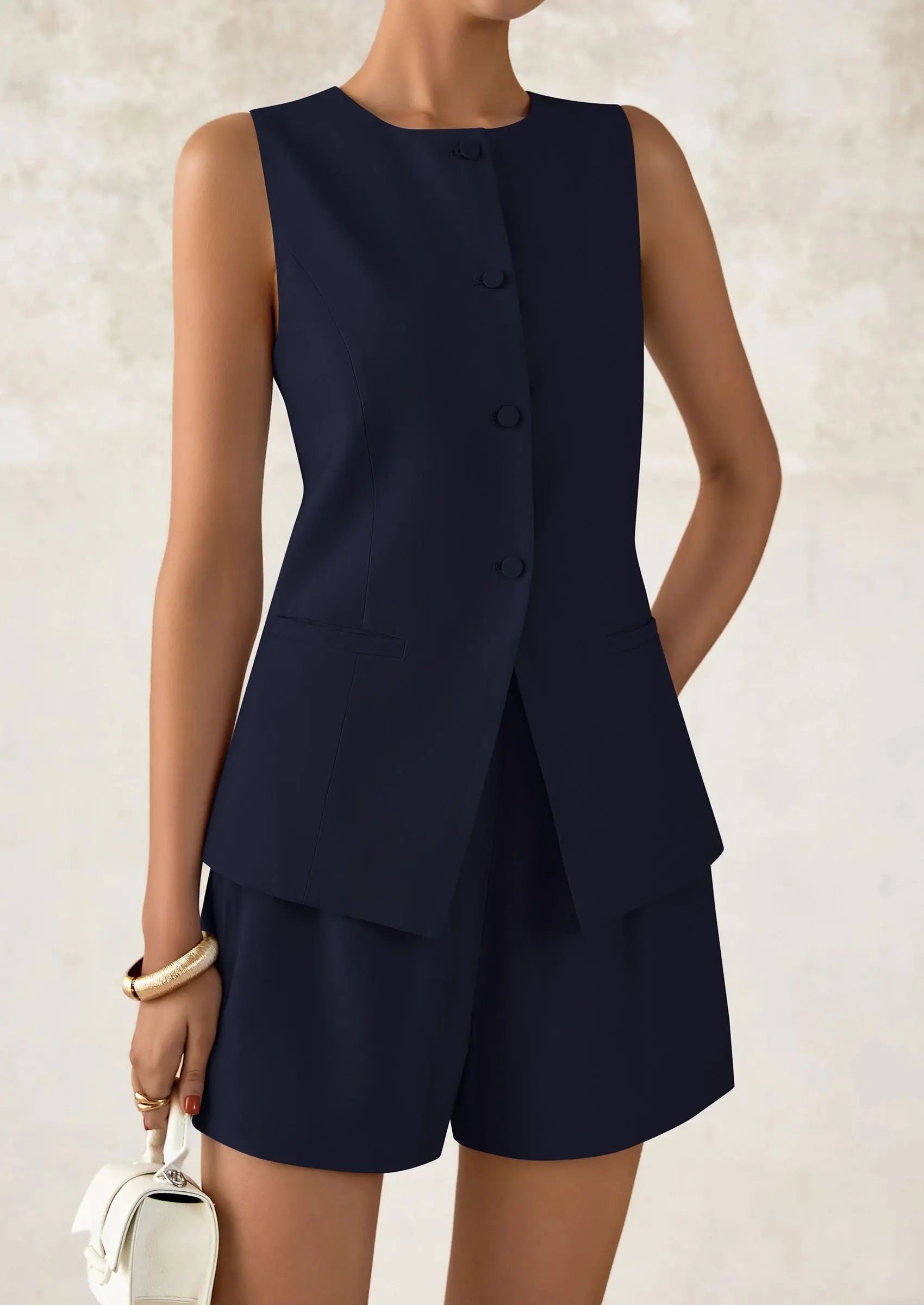 Casual Trendy Button Down Vest Tops High Waisted Shorts Business Two Piece Sets - TARHUS