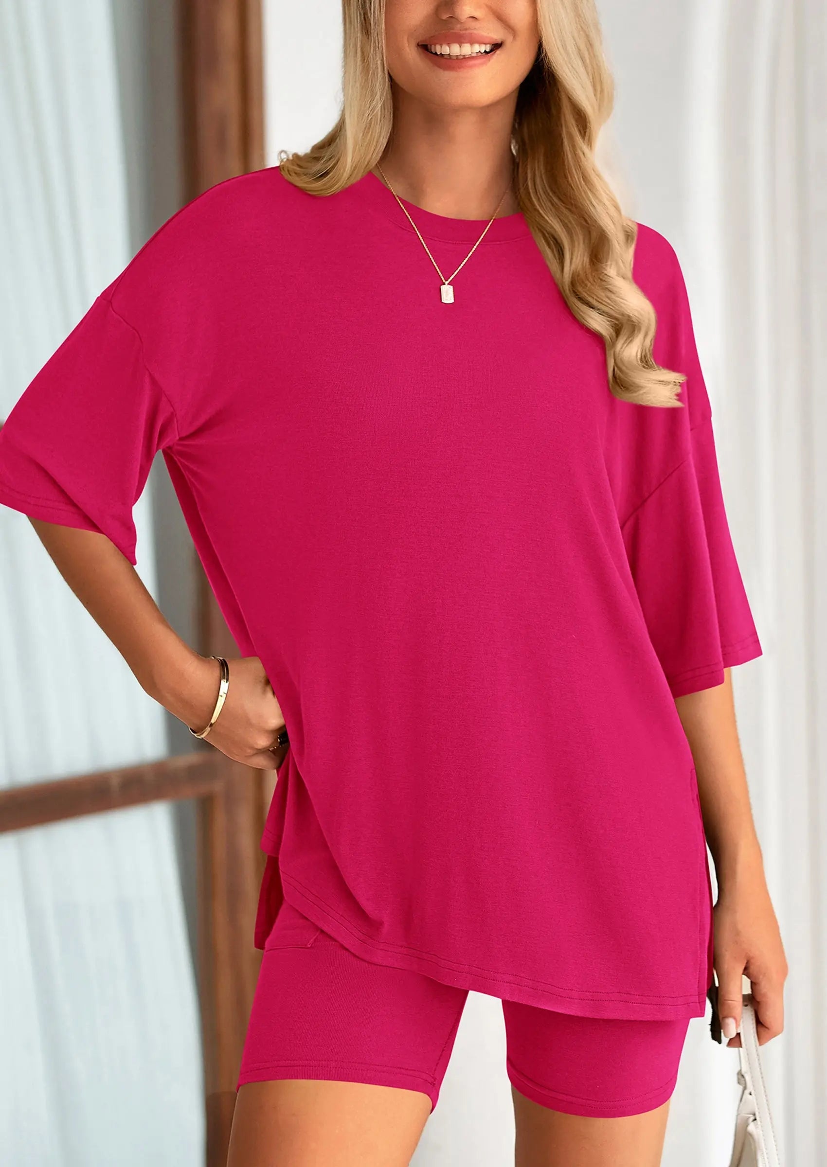 Casual Short Sleeved Round Neck Top Paired With Shorts Two-Piece Set - TARHUS