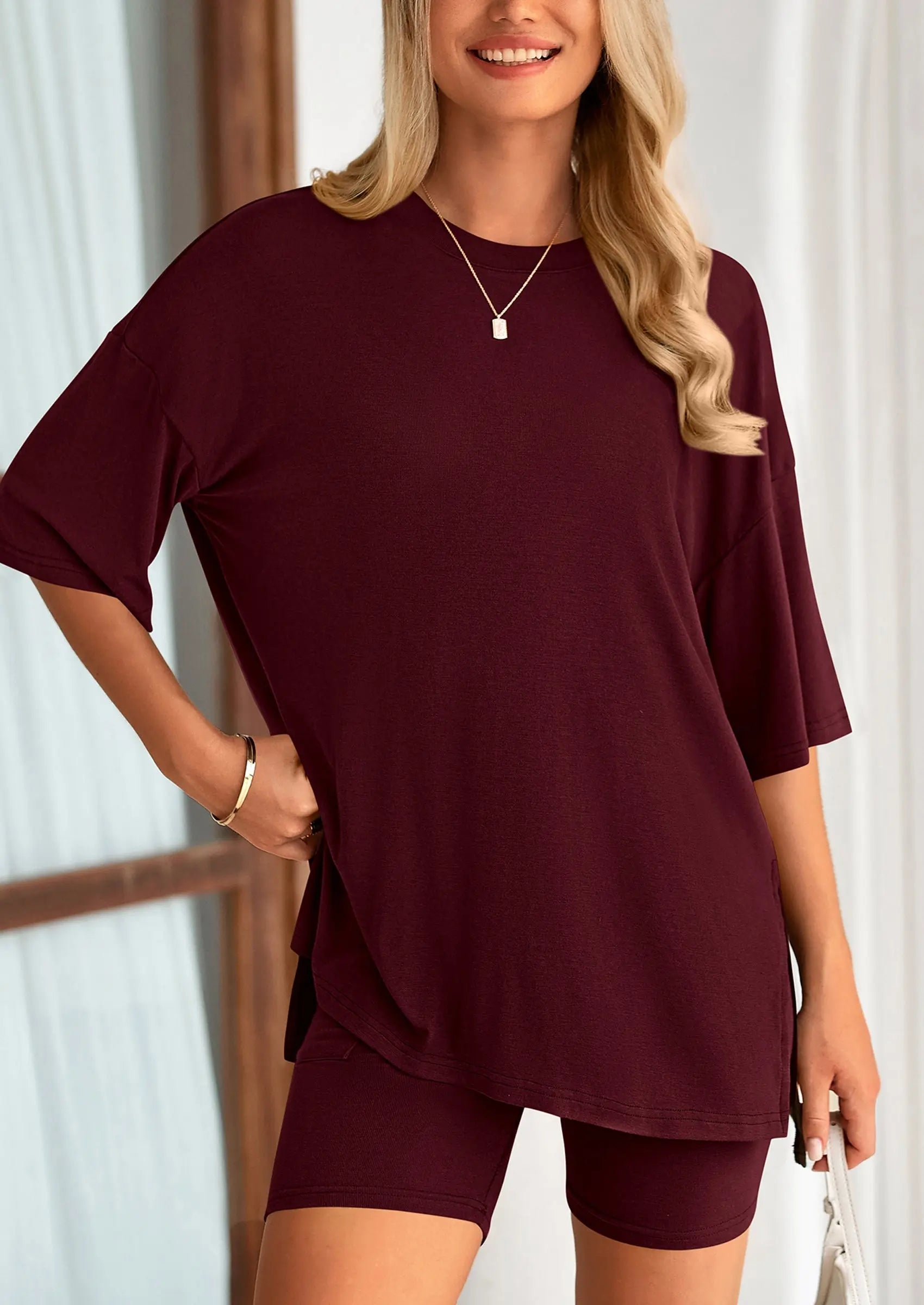 Casual Short Sleeved Round Neck Top Paired With Shorts Two-Piece Set - TARHUS