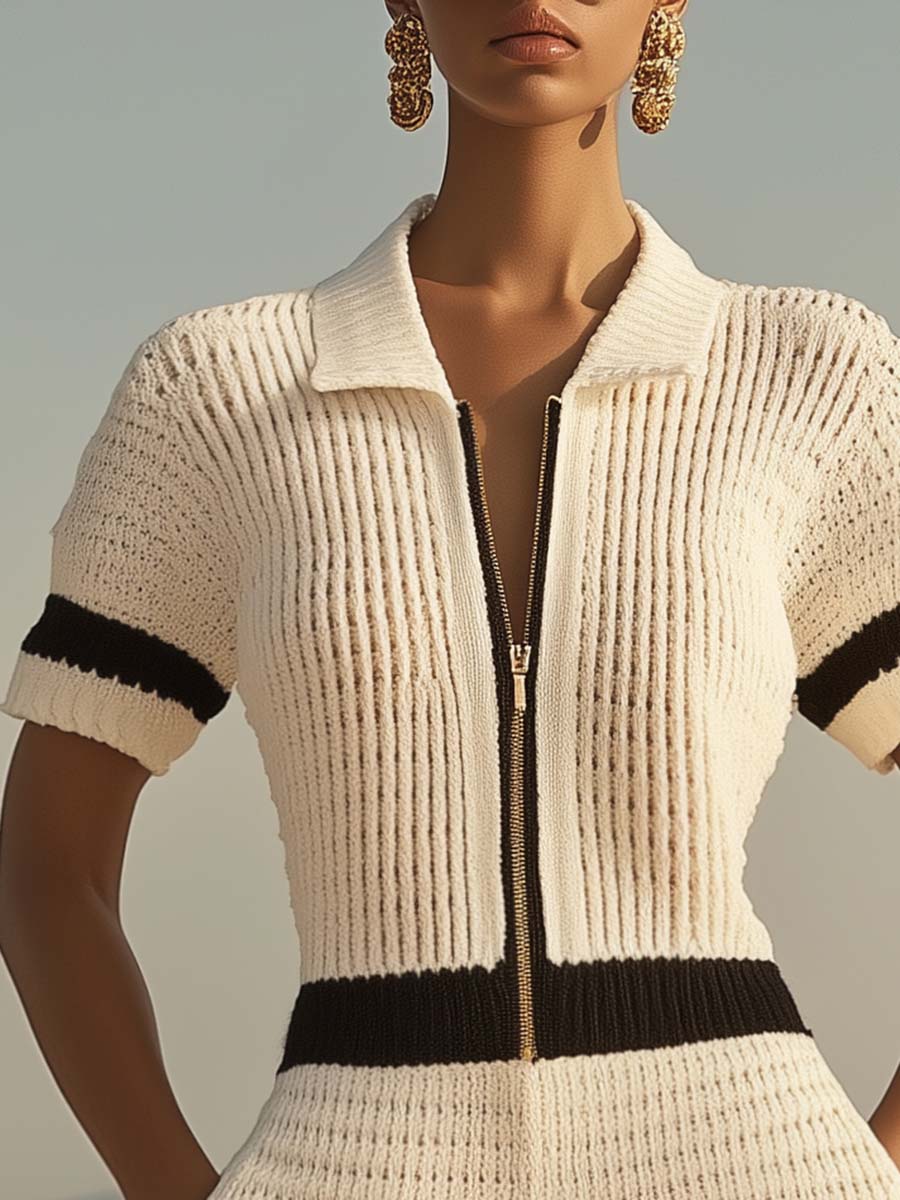 Breathable Fashion Front Zipper Short Sleeve Knit Shorts Jumpsuit - TARHUS