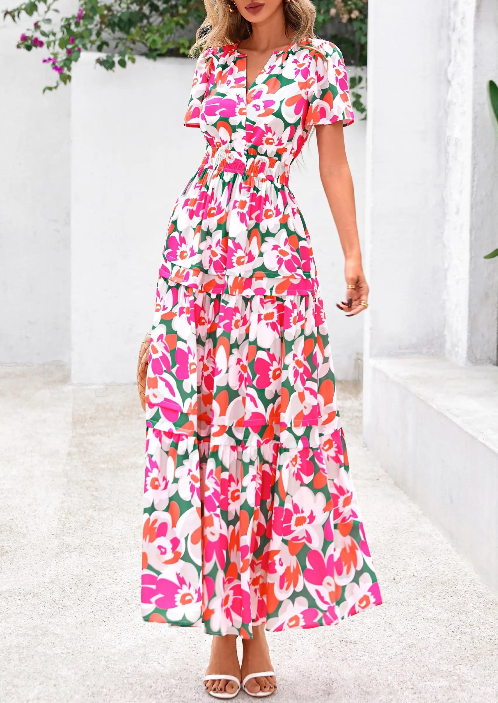 Boho Floral Short Sleeve V Neck A Line Tiered Ruffle Flowy Long Beach Vacation Maxi Dresses - TARHUS