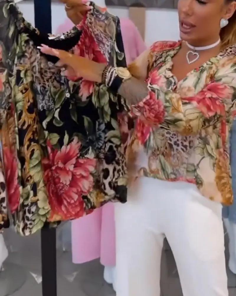 Selina | Floral Print V-Neck Blouse – Long Sleeve Cotton Blend Shirt Top for Women TARHUS Blouses & Shirts