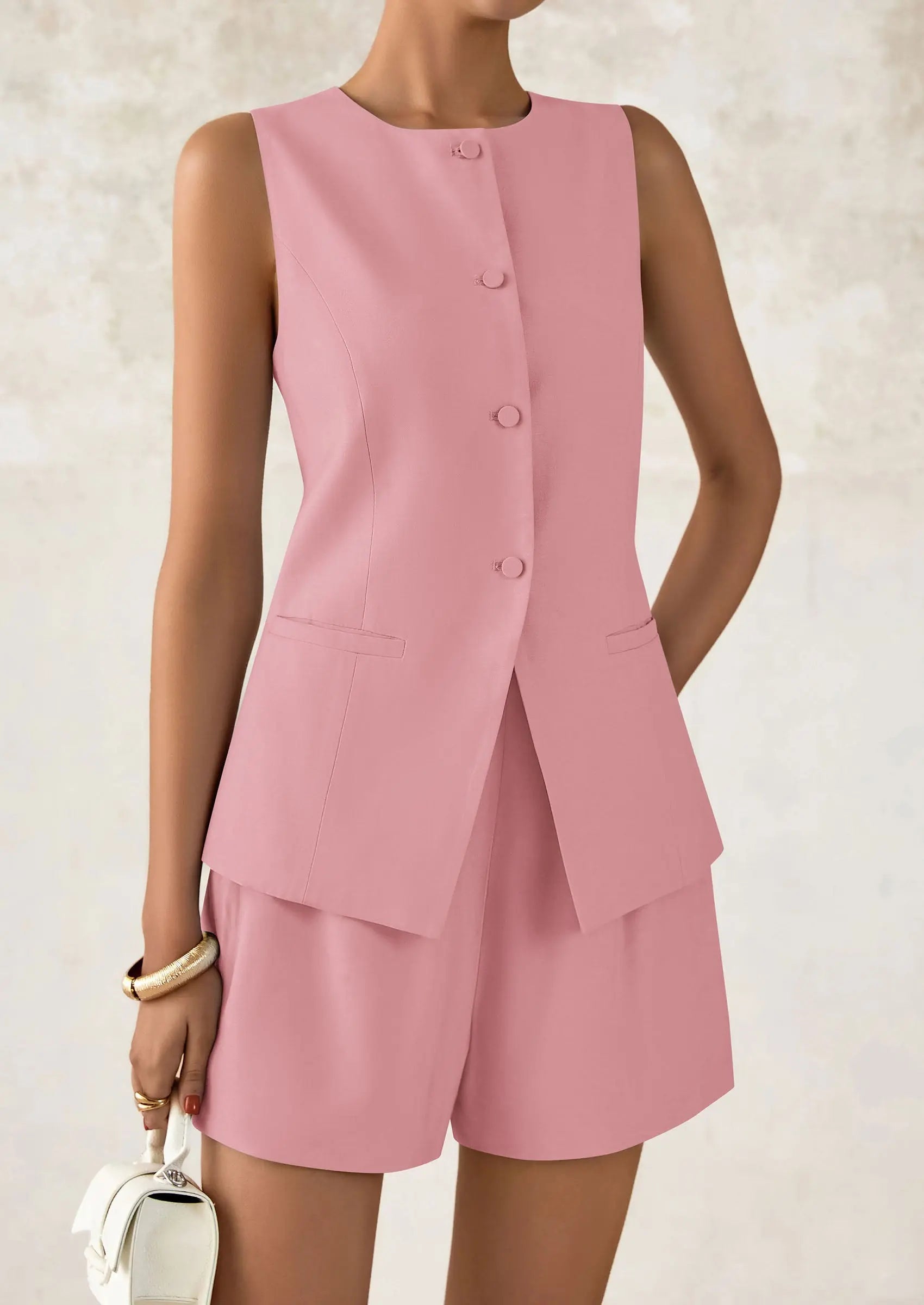 Casual Trendy Button Down Vest Tops High Waisted Shorts Business Two Piece Sets - TARHUS