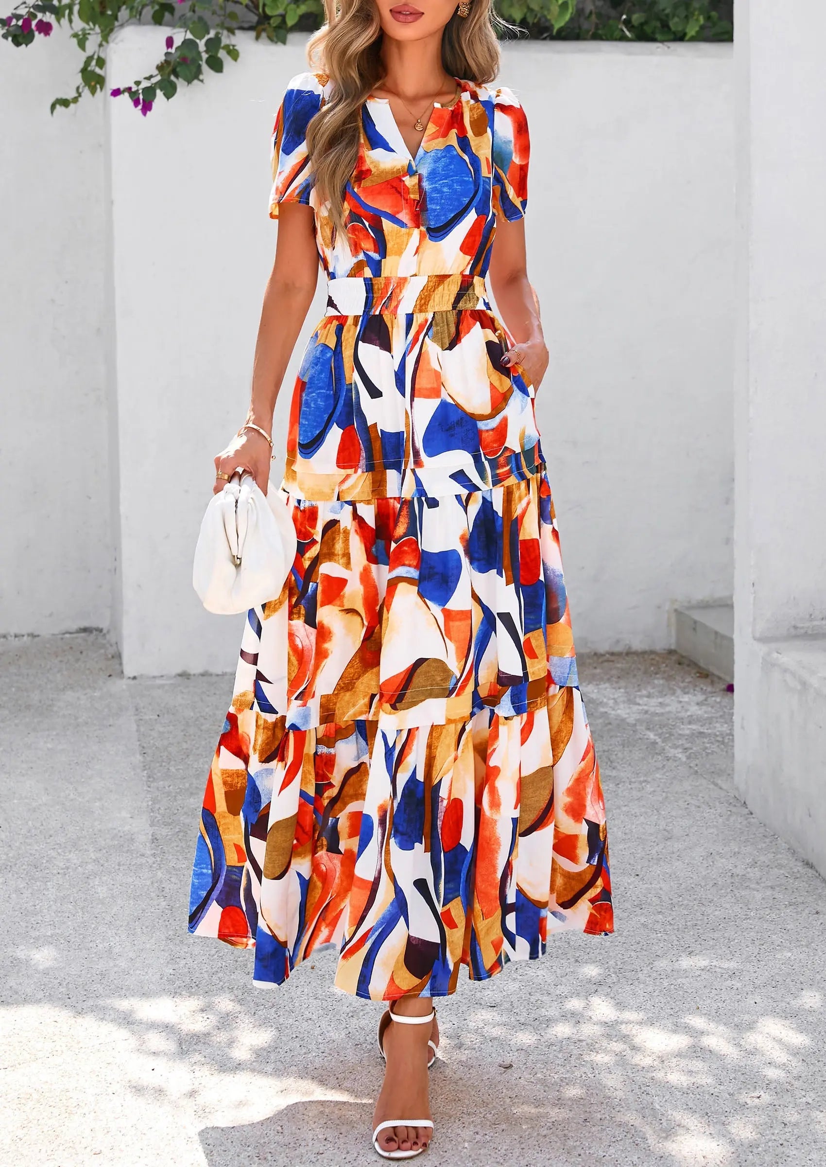 Boho Floral Short Sleeve V Neck A Line Tiered Ruffle Flowy Long Beach Vacation Maxi Dresses - TARHUS