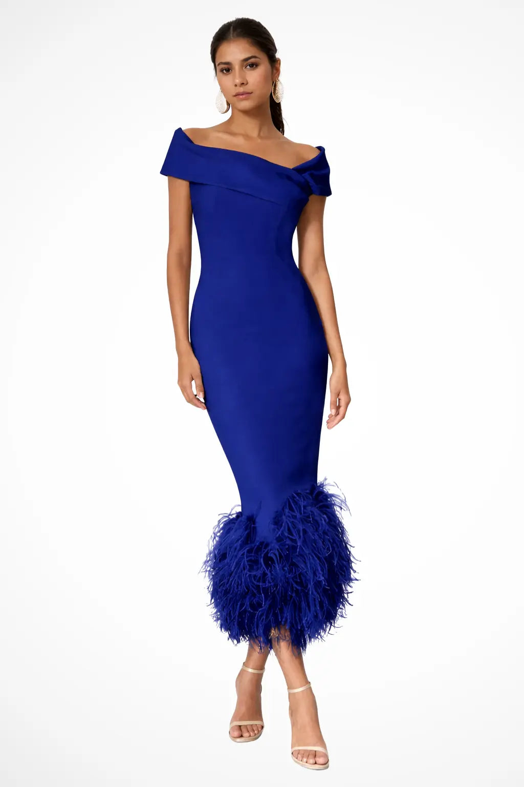 Verity | Women Off Shoulder Fitted Feather Hem Midi Wedding Guest Dress TARHUS Mother of the Bride Dresses