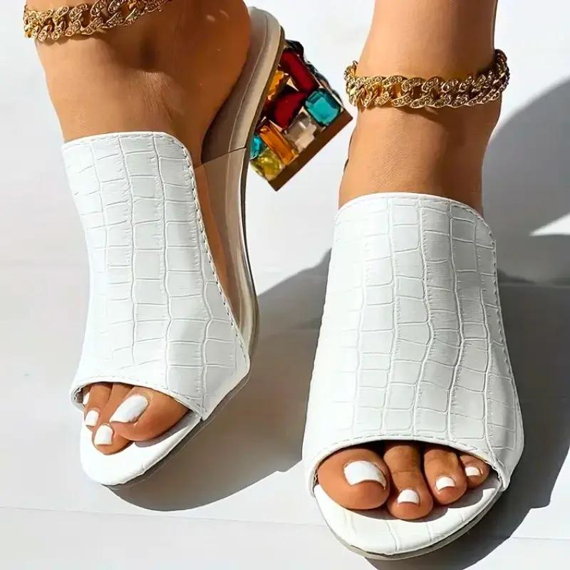 Gemure Crystal Block Heel Sandals - Chic Summer Sandals with Colorful Gem Heel - TARHUS