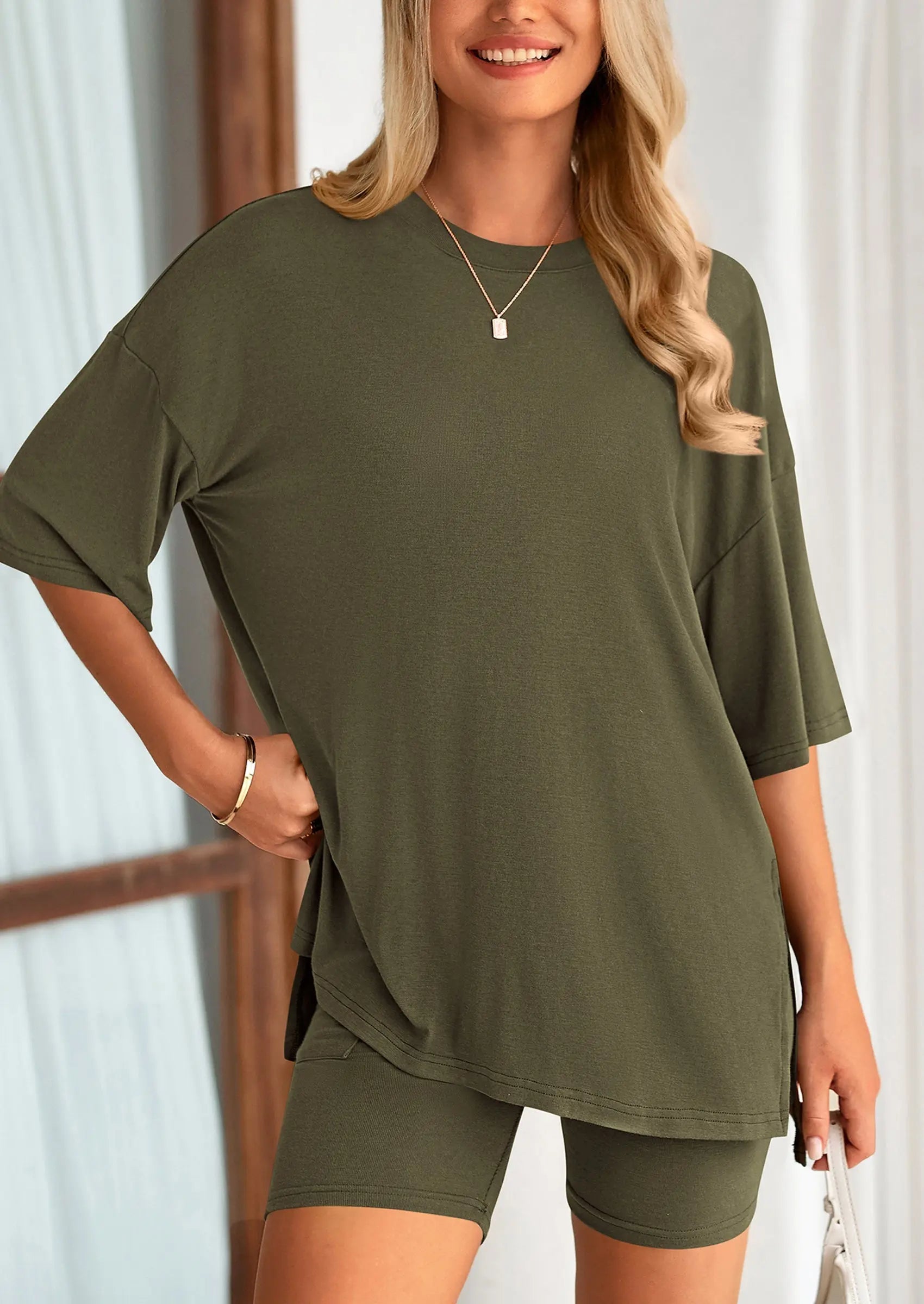 Casual Short Sleeved Round Neck Top Paired With Shorts Two-Piece Set - TARHUS