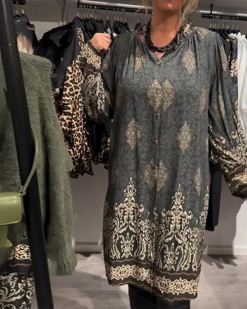 Vintage Print Shirt Dress – Long Lantern Sleeves, Lapel Collar & Button Front TARHUS Dresses