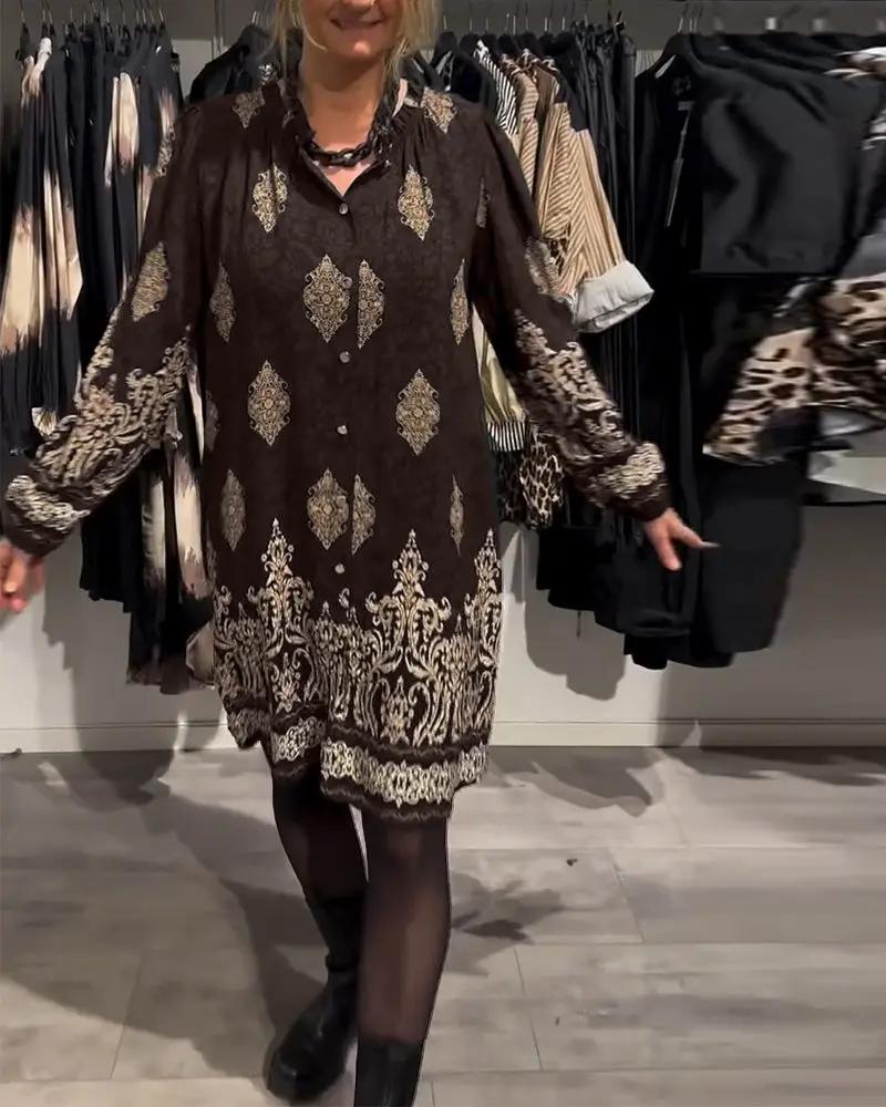 Vintage Print Shirt Dress – Long Lantern Sleeves, Lapel Collar & Button Front TARHUS Dresses