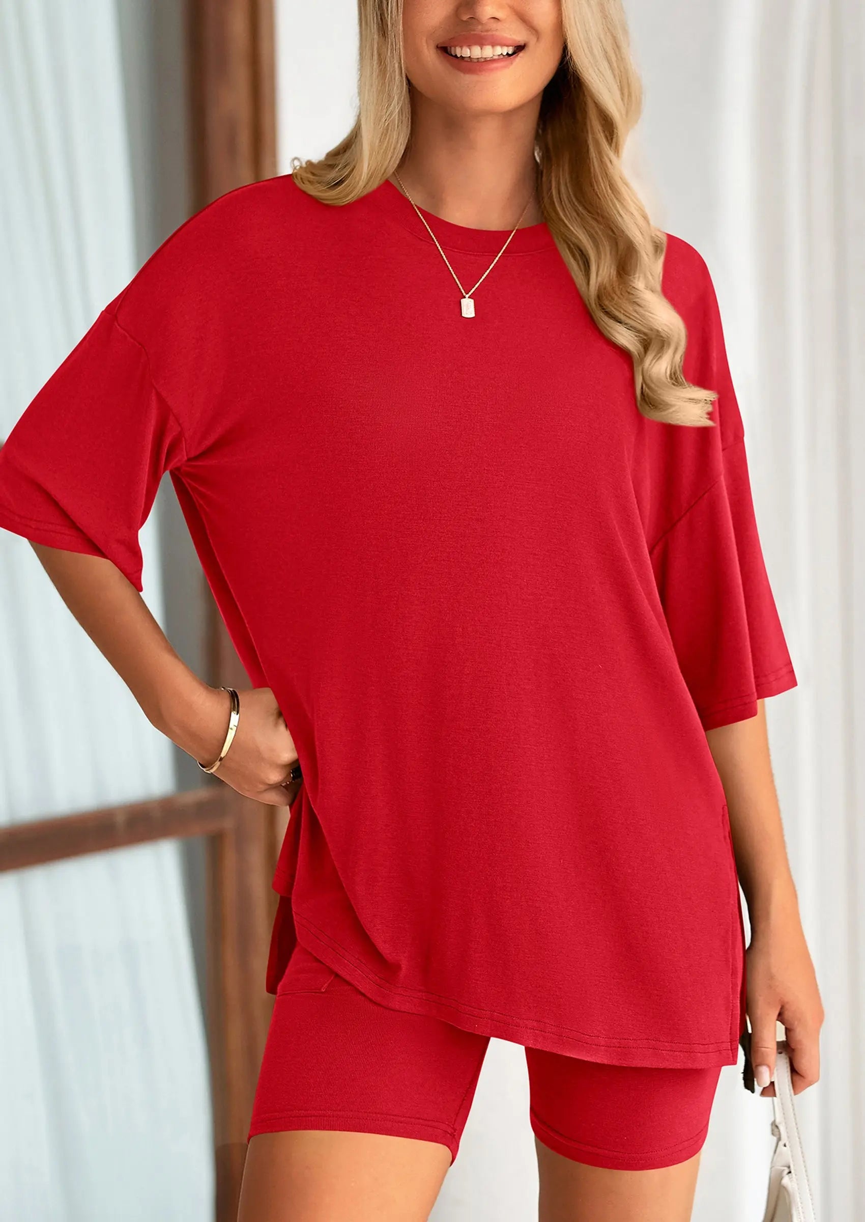 Casual Short Sleeved Round Neck Top Paired With Shorts Two-Piece Set - TARHUS