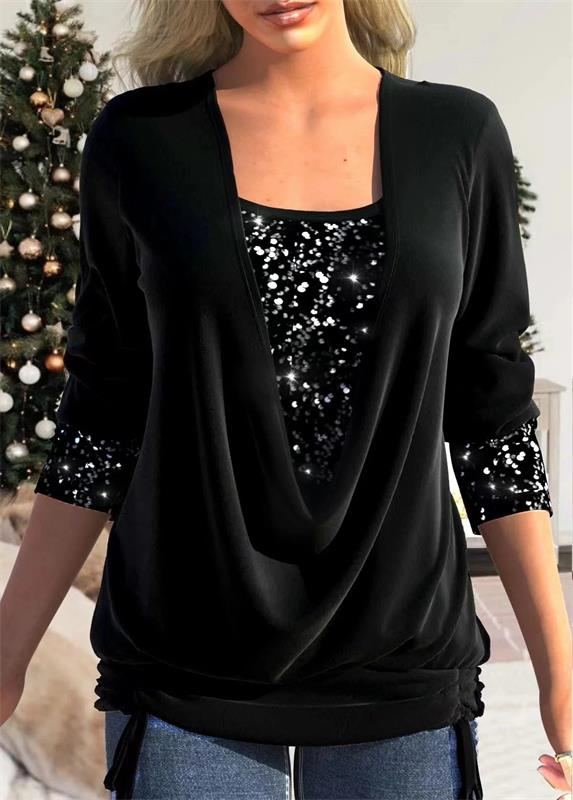 Sequin Loose Smocked Fake Two-Piece Top - TARHUS