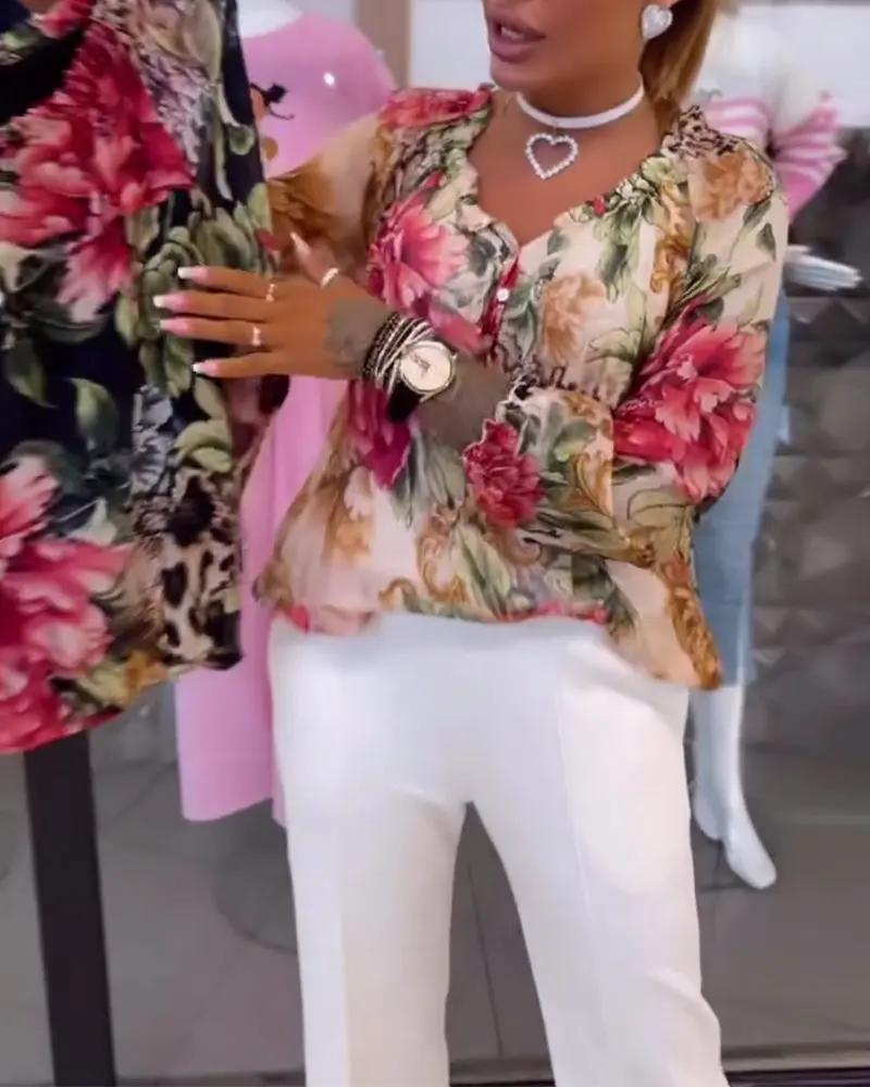 Selina | Floral Print V-Neck Blouse – Long Sleeve Cotton Blend Shirt Top for Women TARHUS Blouses & Shirts