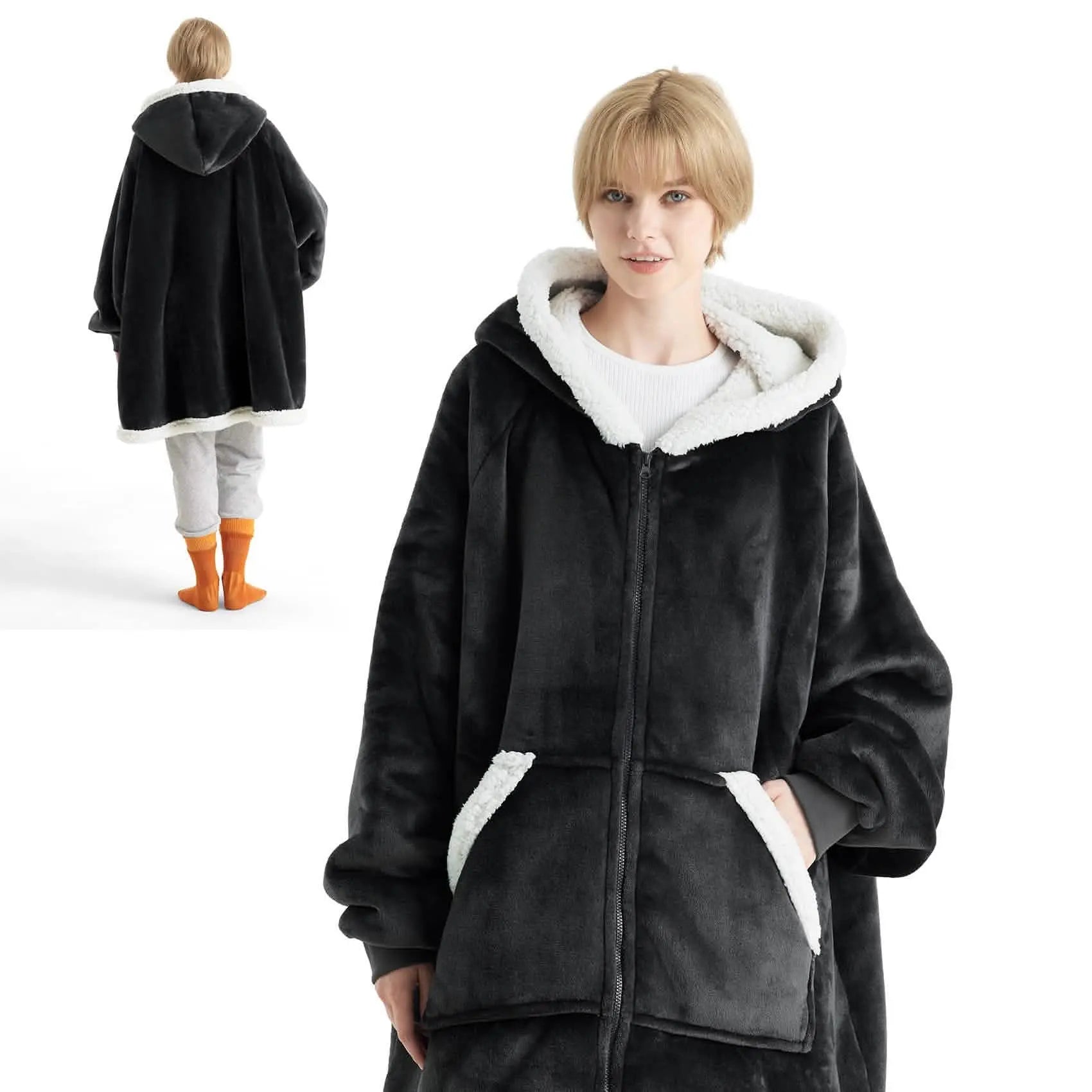 Sherpa Fleece Zippered Short Wearable Blanket Hoodie - TARHUS