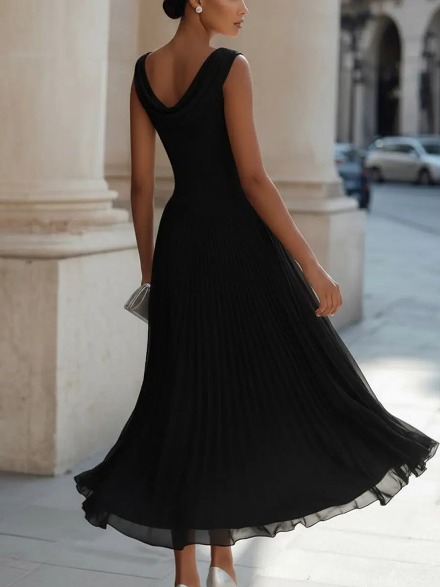 Draped Neck Sleeveless Pleated Midi Dress TARHUS Sleeveless Maxi Dress