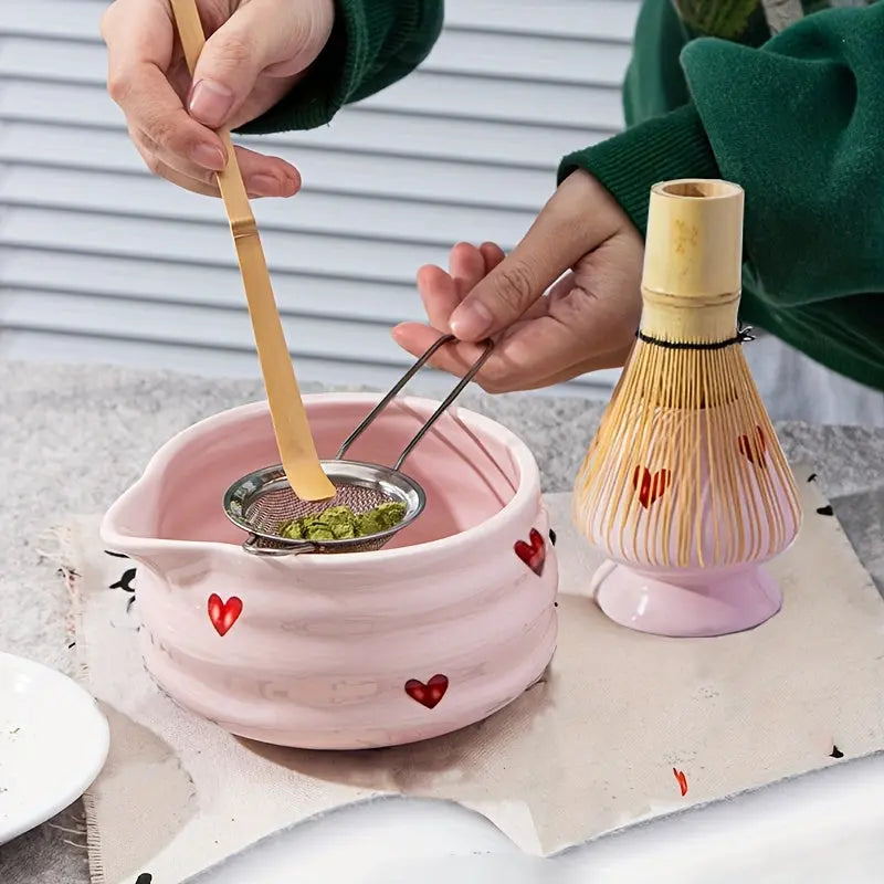 5pcs Matcha Set β Pink Ceramic Heart Bowl & Bamboo Tools - TARHUS