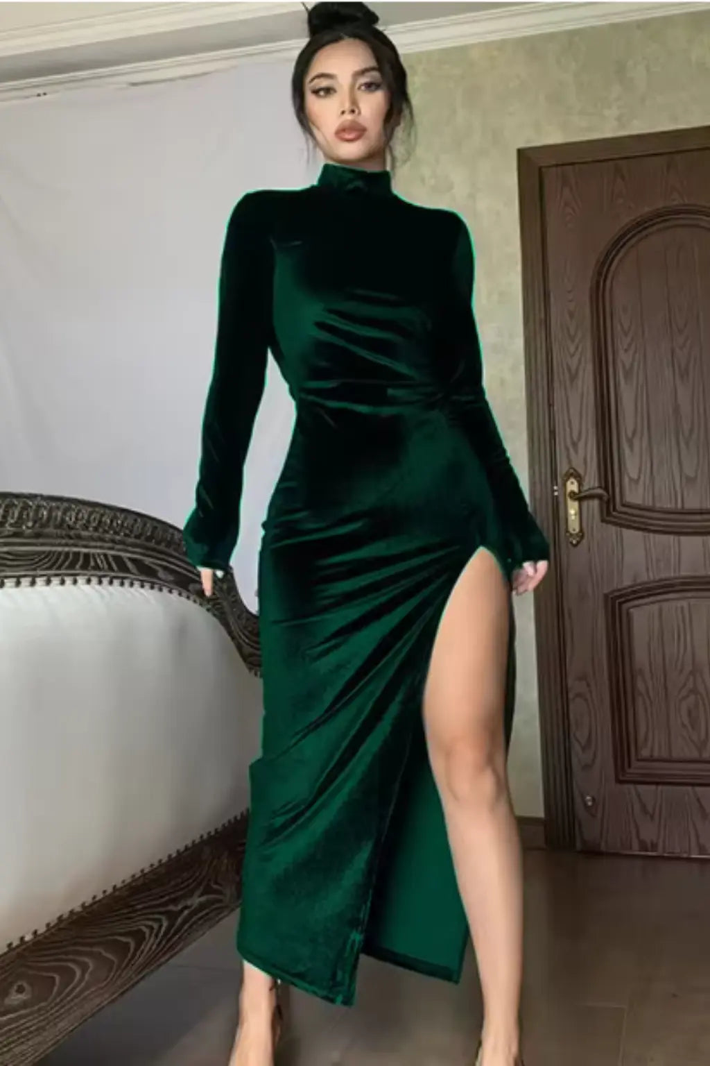 Nyra | Women Long Sleeve Ruched Maxi Occasion Summer Dress with Side Slit TARHUS Maxi Dresses