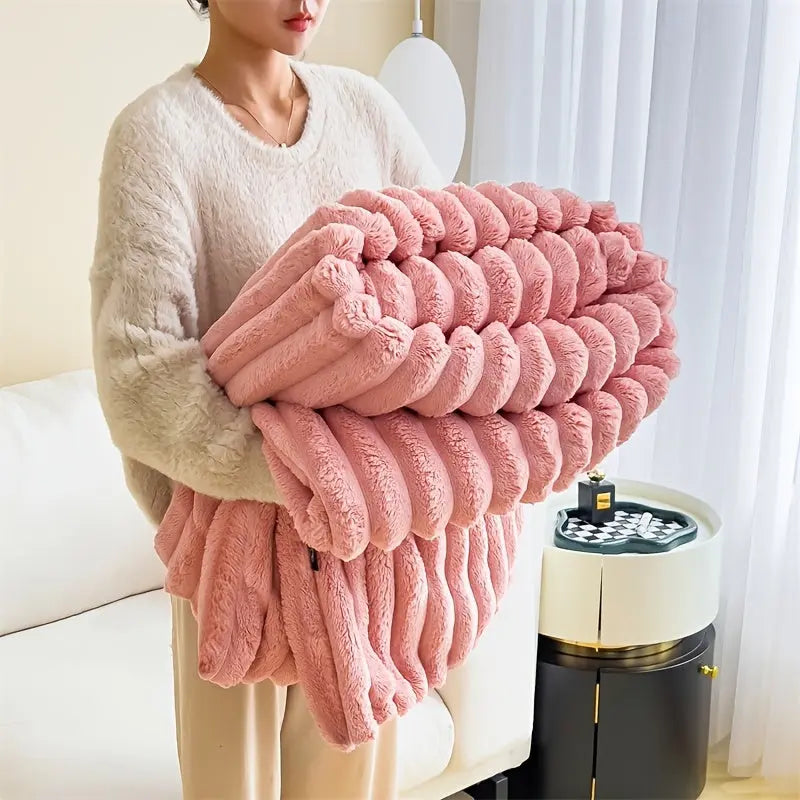 Plush Fleece Double Sofa Blanket – Ultra-Soft Throw with Elastic Stripes | Bright Pink & Ivory Cozy Blanket for Living Room, Bed, Travel - TARHUS