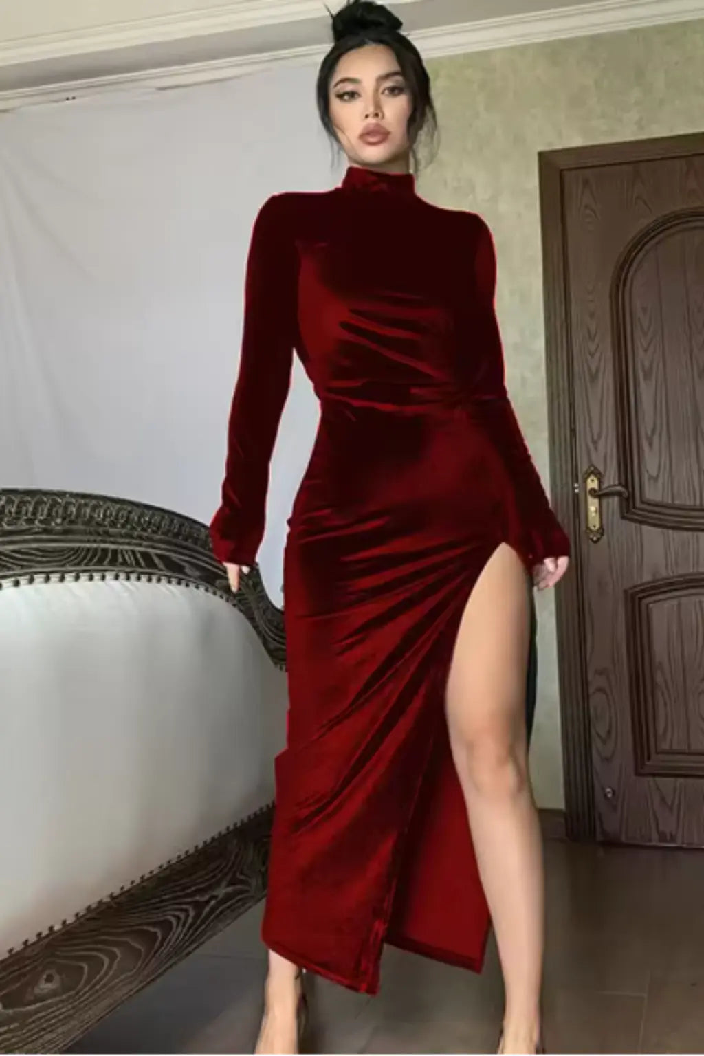 Nyra | Women Long Sleeve Ruched Maxi Occasion Summer Dress with Side Slit TARHUS Maxi Dresses