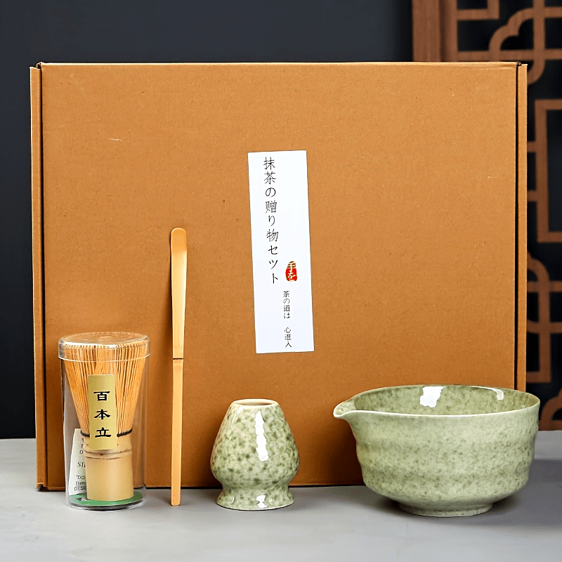 4pc Ceramic Matcha Set – Green Glaze Bowl, Whisk & Scoop