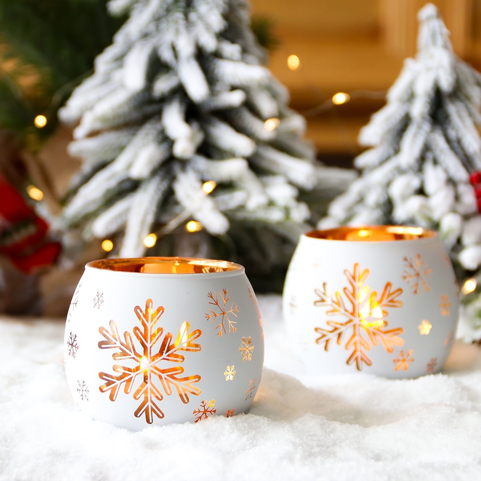 Set of 2 Glass Candle Holders with Snowflake Cutouts | FrostGlow TARHUS Christmas