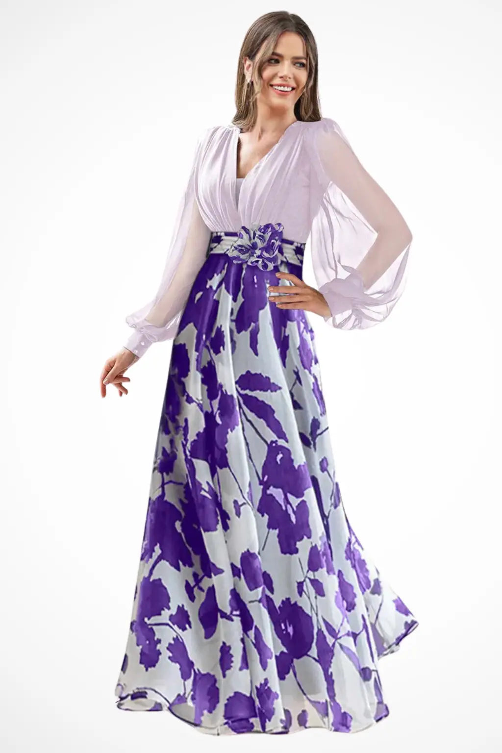 Valentina | Women V Neck Balloon Sleeve Floral Print Maxi Wedding Guest Dress TARHUS Mother of the Bride Dresses