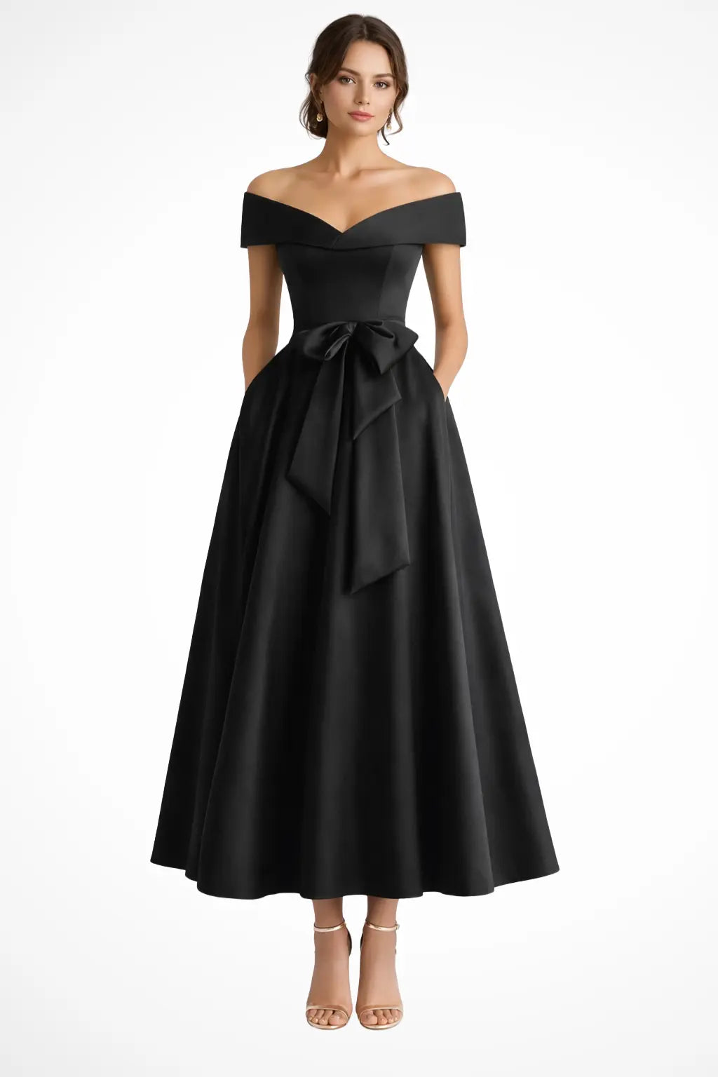 Arabella | Women Off Shoulder Bow Waist A Line Midi Wedding Guest Dress TARHUS Mother of the Bride Dresses