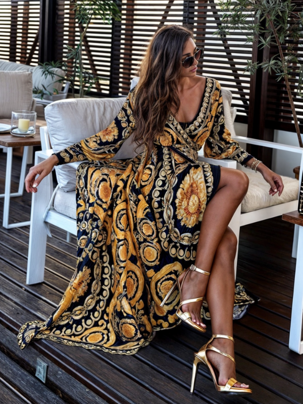 Elegant Bohemian Maxi Dress with Golden Print and High Slit TARHUS Maxi Dresses (Women)
