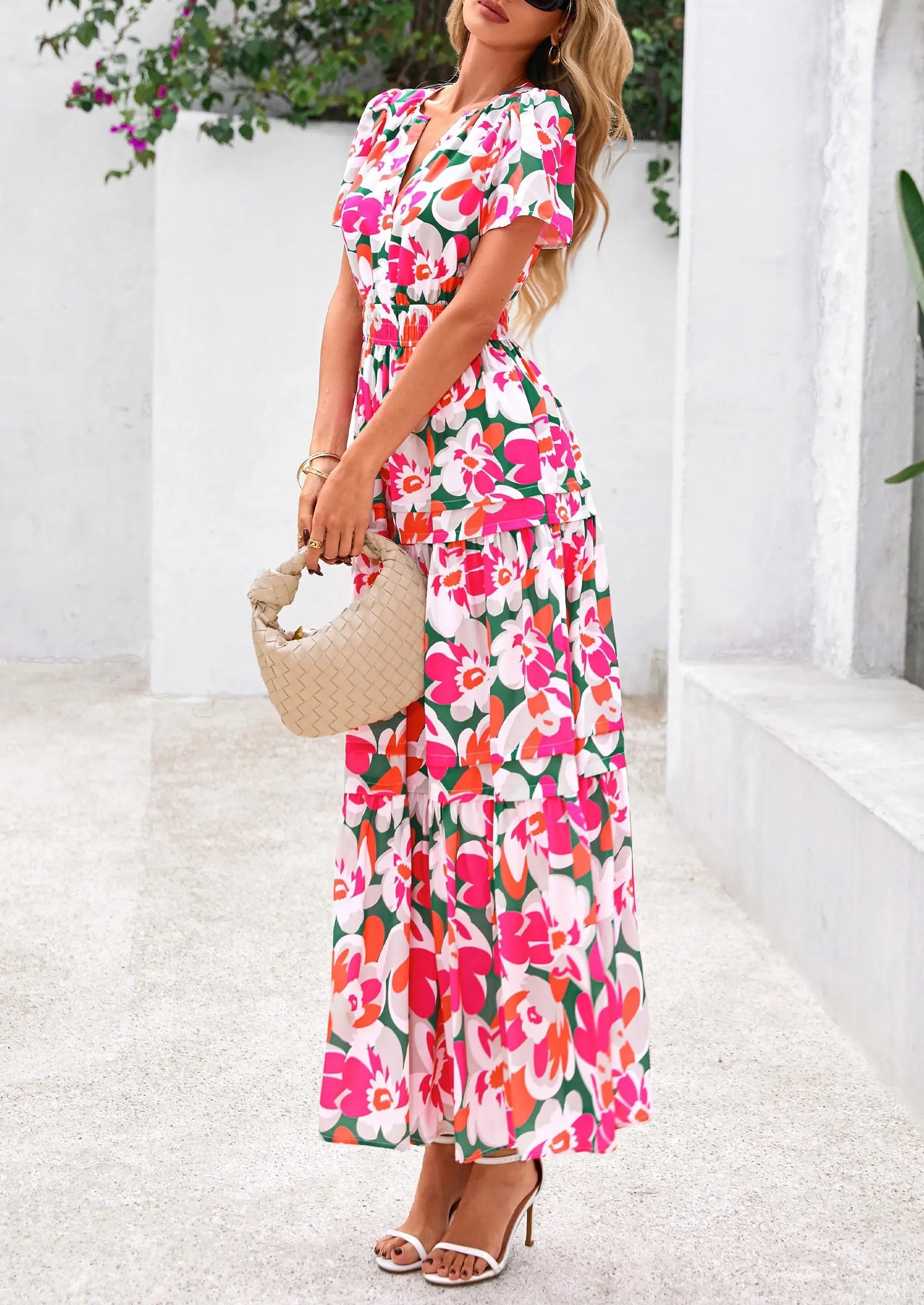 Boho Floral Short Sleeve V Neck A Line Tiered Ruffle Flowy Long Beach Vacation Maxi Dresses - TARHUS