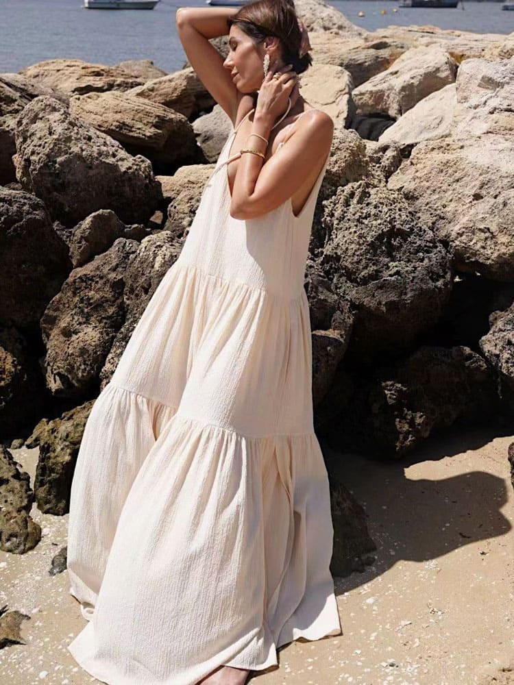 Women's Sleeveless V-Neck Tiered Maxi Dress - Adjustable Straps TARHUS Dresses