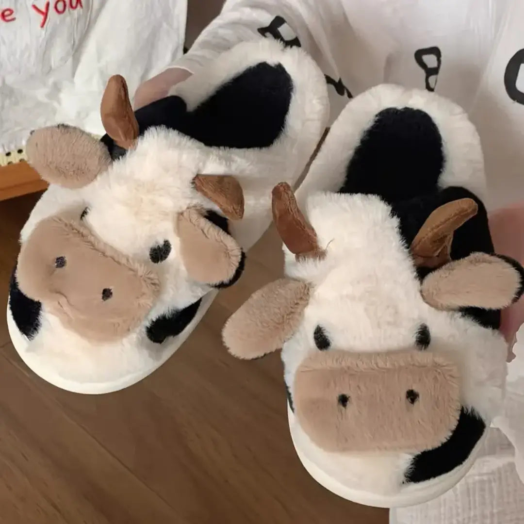Fuzzy Cow Slippers – Soft Indoor Animal Slippers | Cozy Plush House Shoes - TARHUS