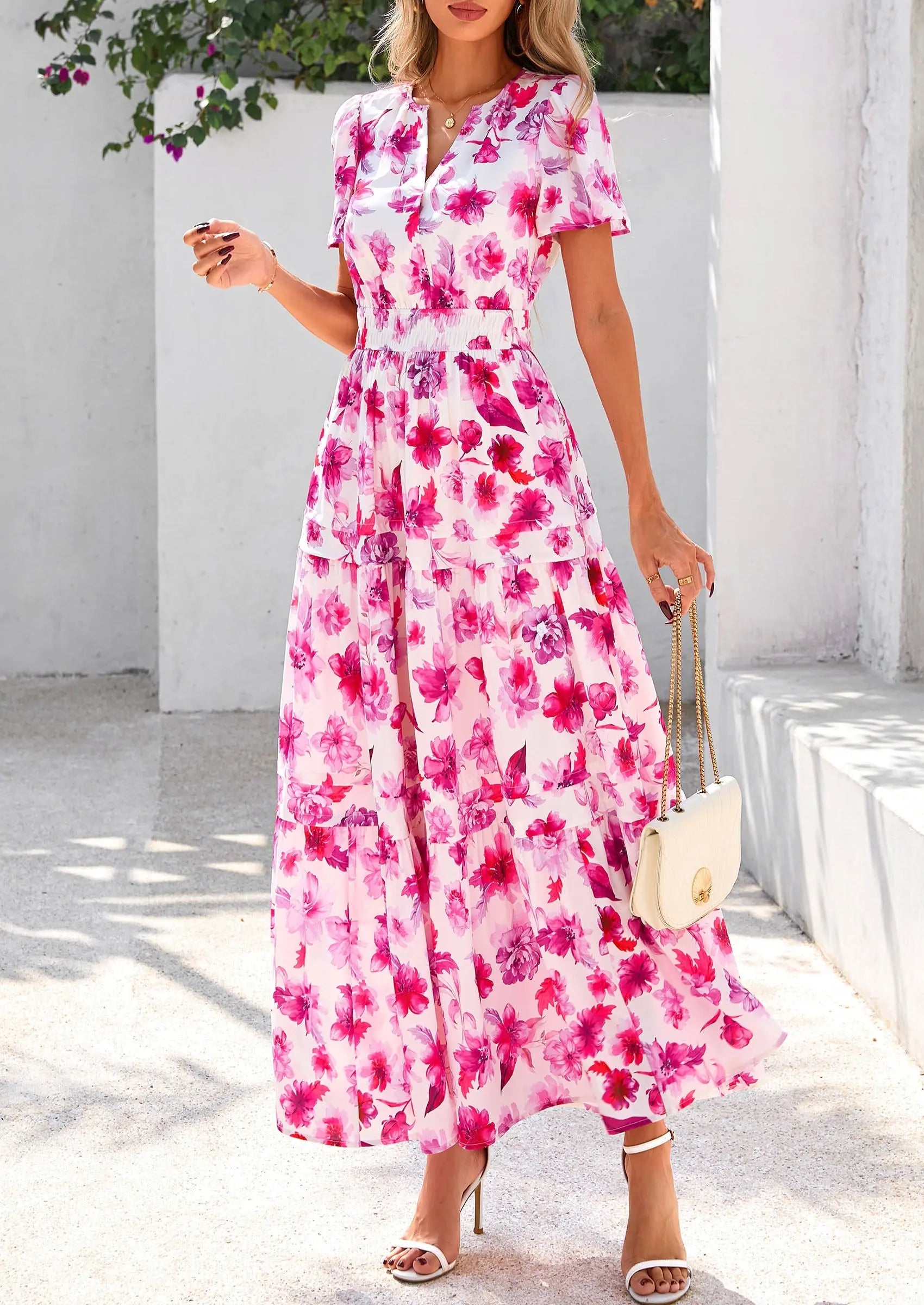 Boho Floral Short Sleeve V Neck A Line Tiered Ruffle Flowy Long Beach Vacation Maxi Dresses - TARHUS