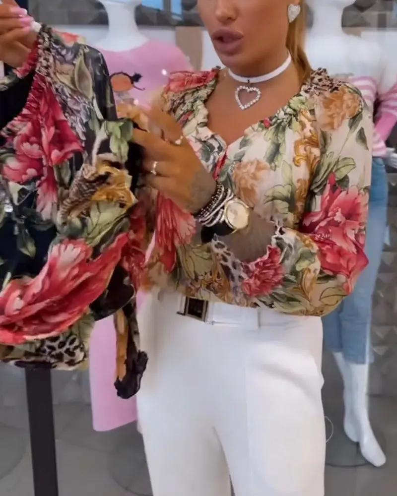 Selina | Floral Print V-Neck Blouse – Long Sleeve Cotton Blend Shirt Top for Women TARHUS Blouses & Shirts