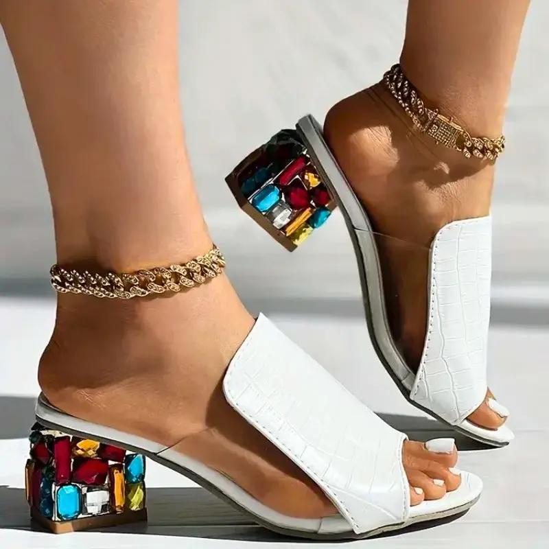 Gemure Crystal Block Heel Sandals - Chic Summer Sandals with Colorful Gem Heel - TARHUS