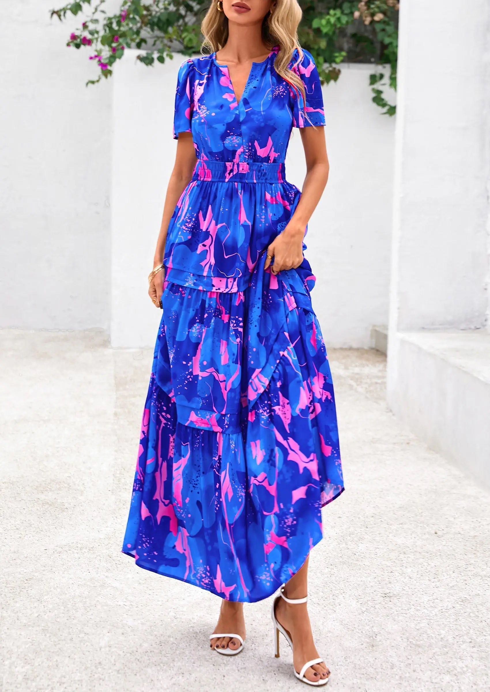 Boho Floral Short Sleeve V Neck A Line Tiered Ruffle Flowy Long Beach Vacation Maxi Dresses - TARHUS