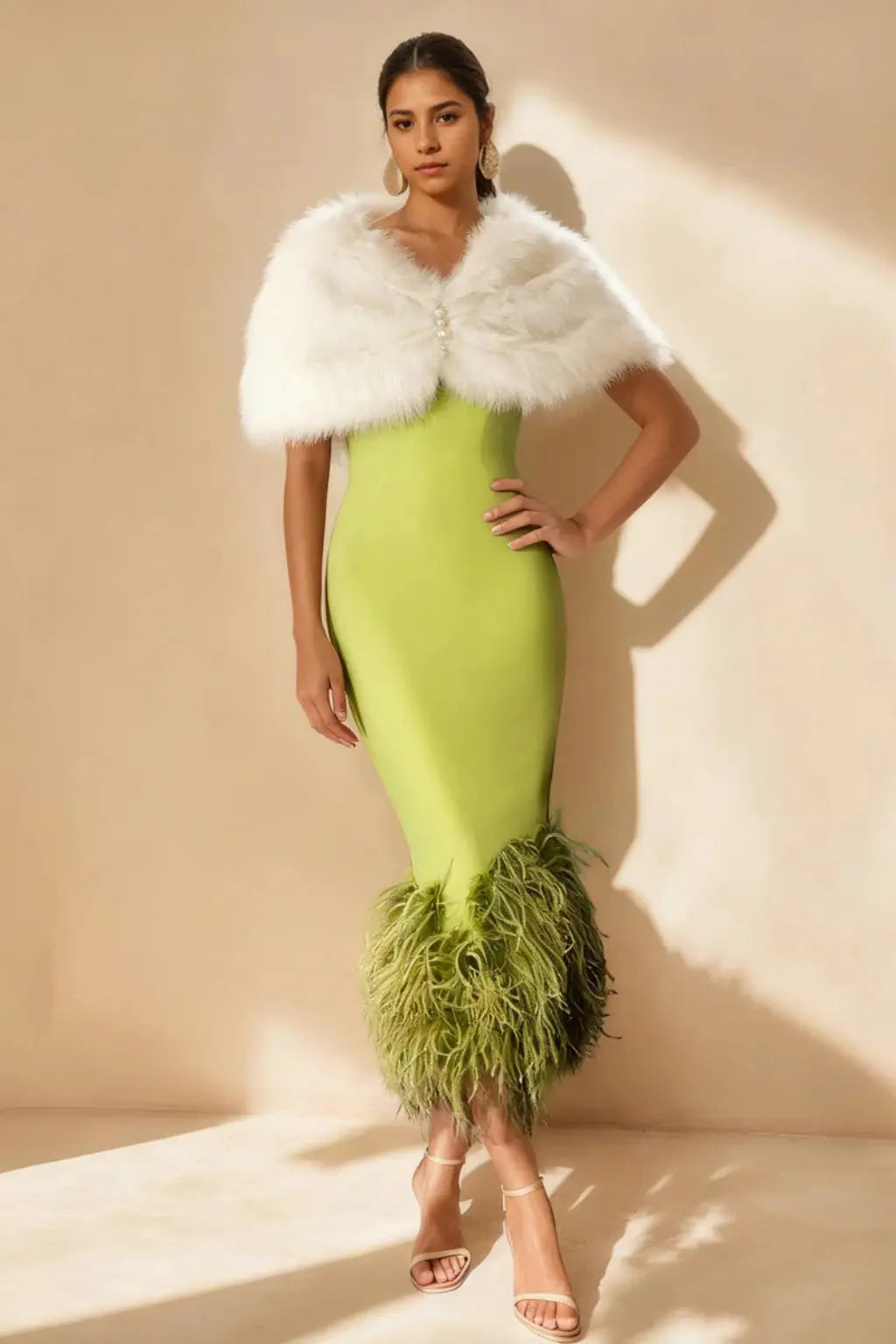 Verity | Women Off Shoulder Fitted Feather Hem Midi Wedding Guest Dress TARHUS Mother of the Bride Dresses