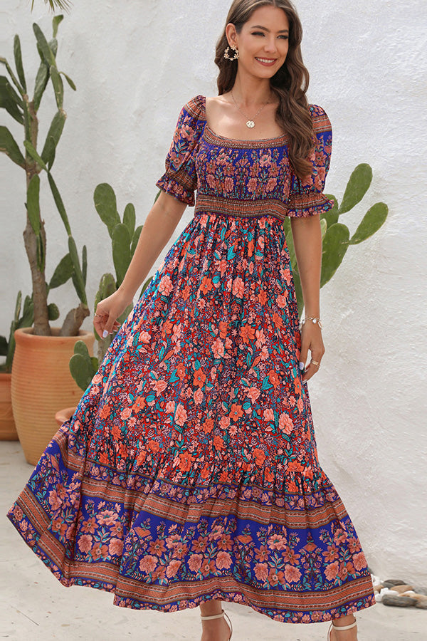 Bohemia Printed Smocked Short Sleeve Maxi Dress - TARHUS