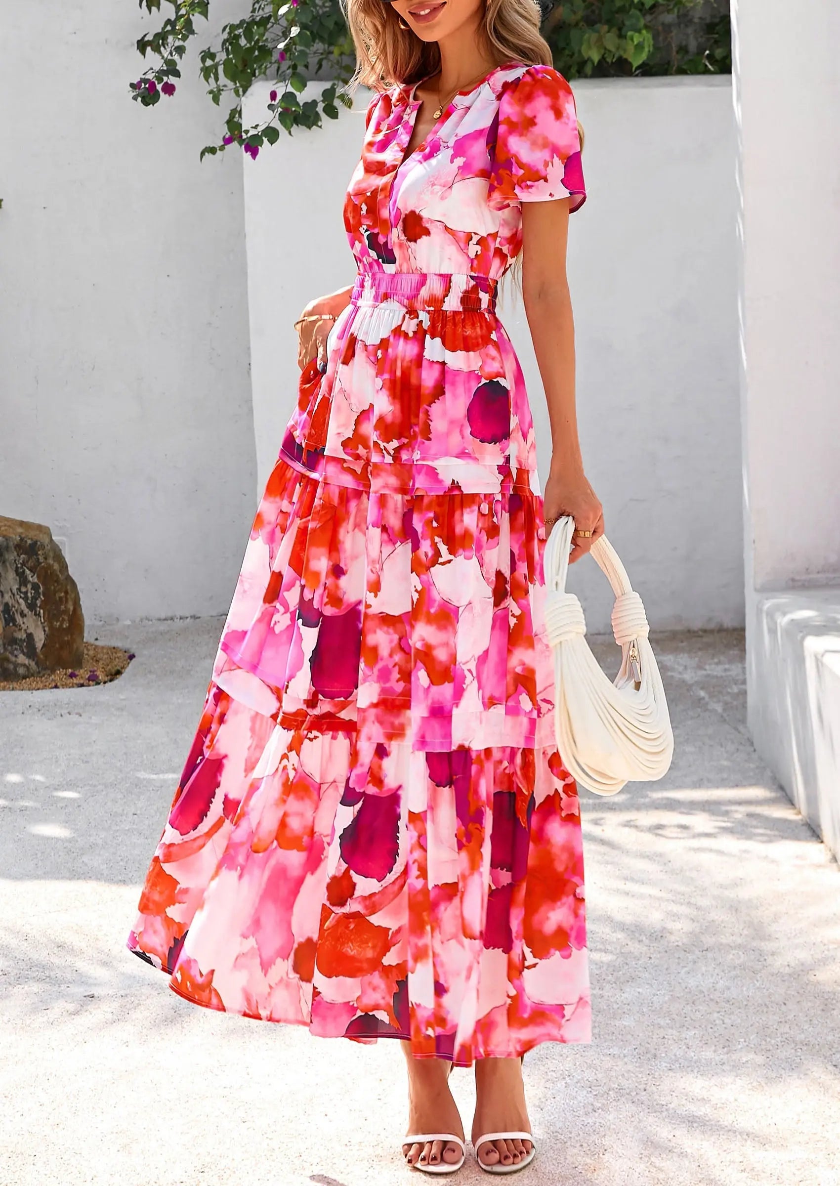 Boho Floral Short Sleeve V Neck A Line Tiered Ruffle Flowy Long Beach Vacation Maxi Dresses - TARHUS
