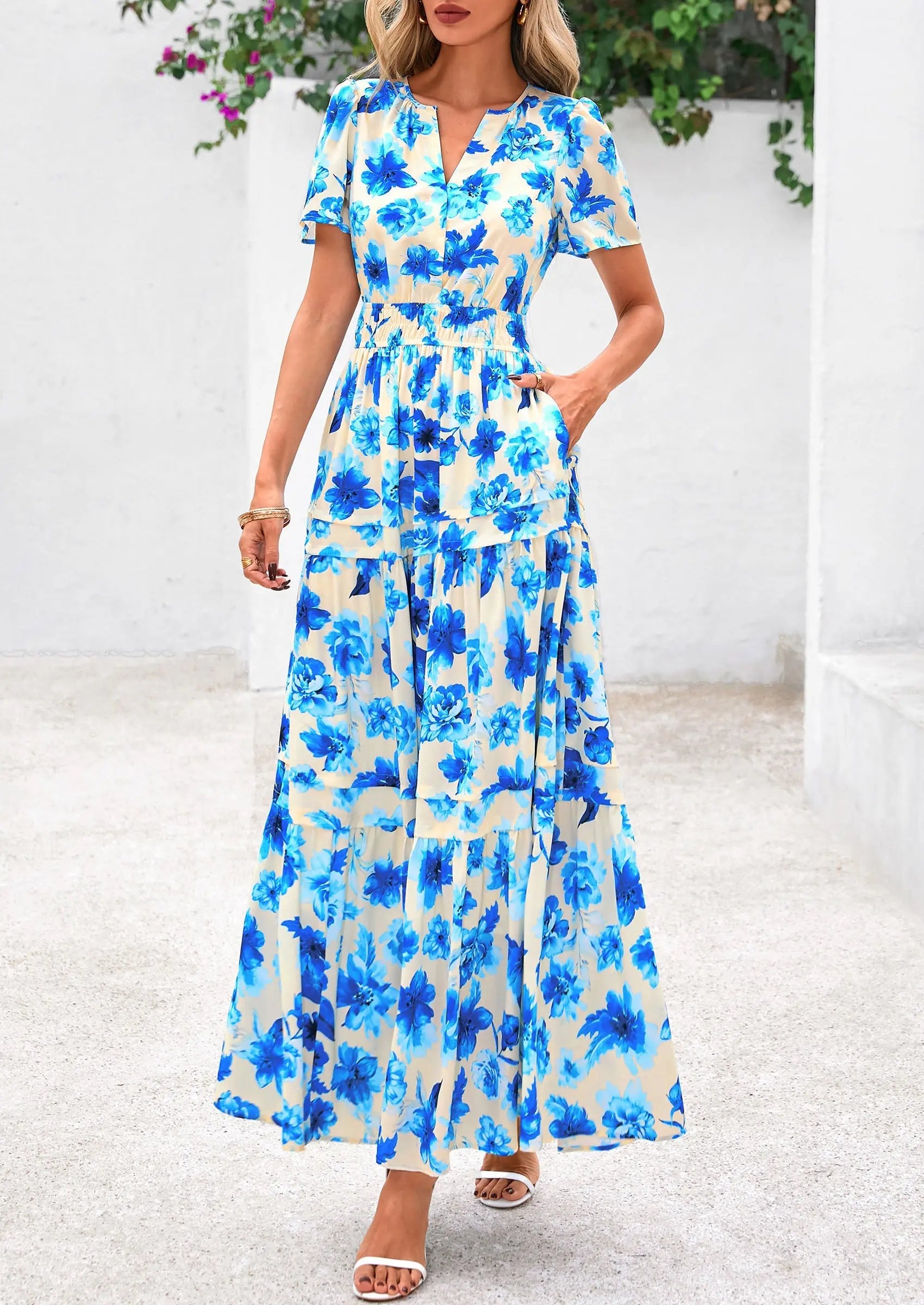 Boho Floral Short Sleeve V Neck A Line Tiered Ruffle Flowy Long Beach Vacation Maxi Dresses - TARHUS