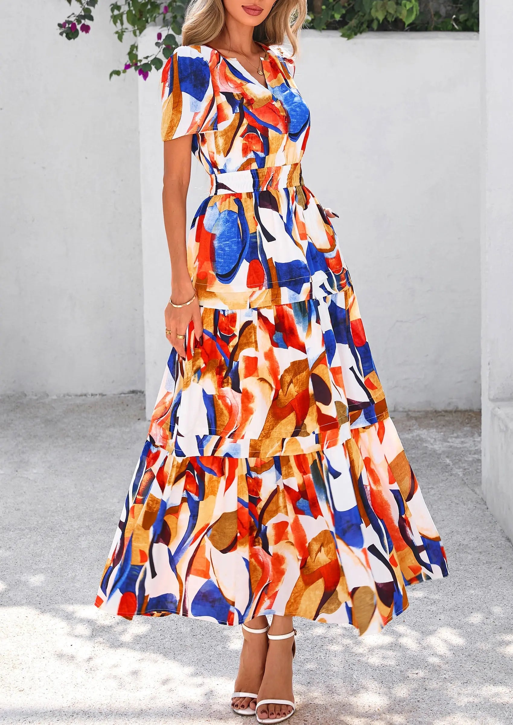 Boho Floral Short Sleeve V Neck A Line Tiered Ruffle Flowy Long Beach Vacation Maxi Dresses - TARHUS