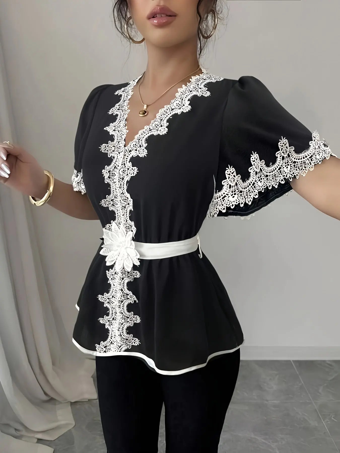Elegant Lace Trim Blouse for Women – Long Sleeve, Lightweight, Stylish Office & Casual Top - TARHUS
