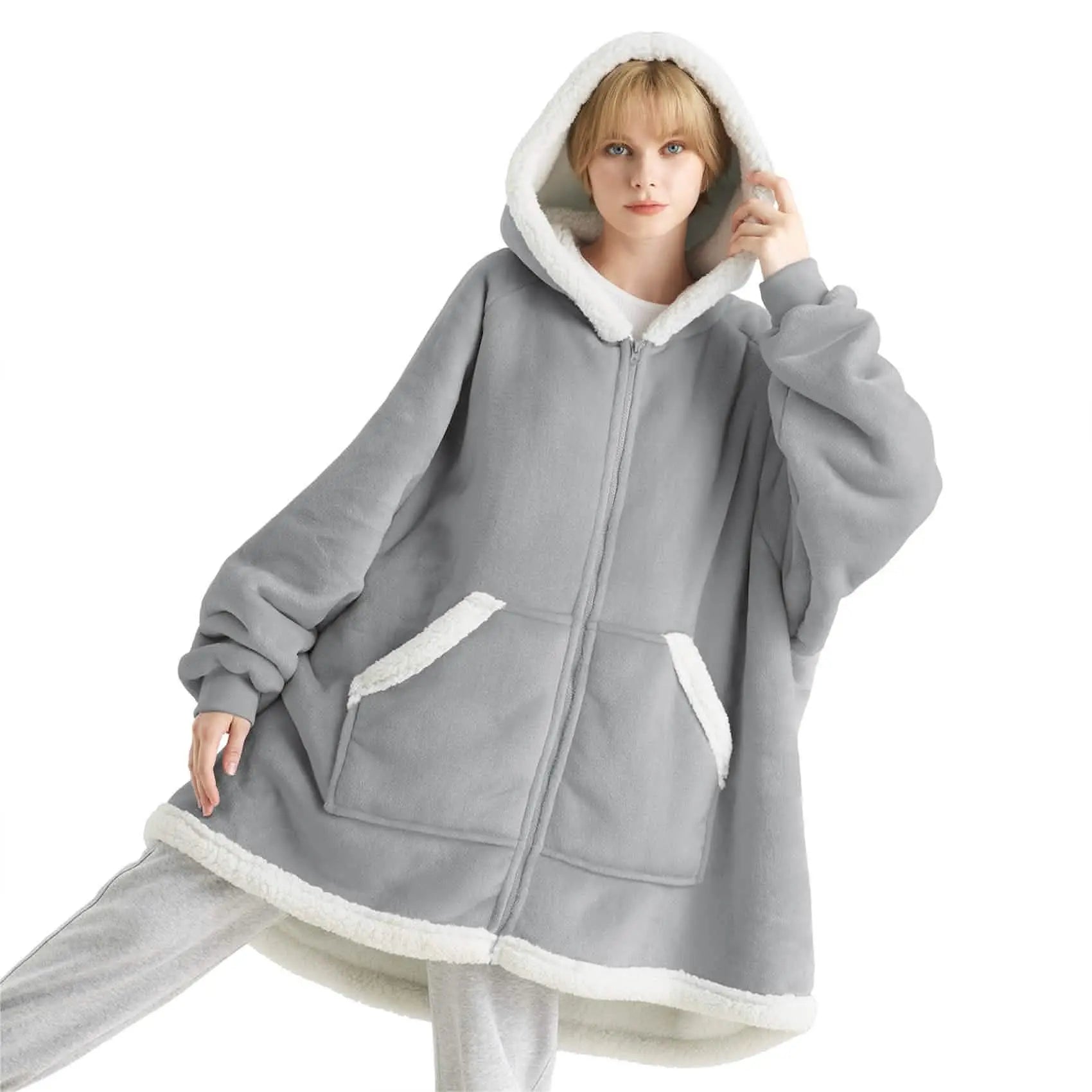Sherpa Fleece Zippered Short Wearable Blanket Hoodie - TARHUS