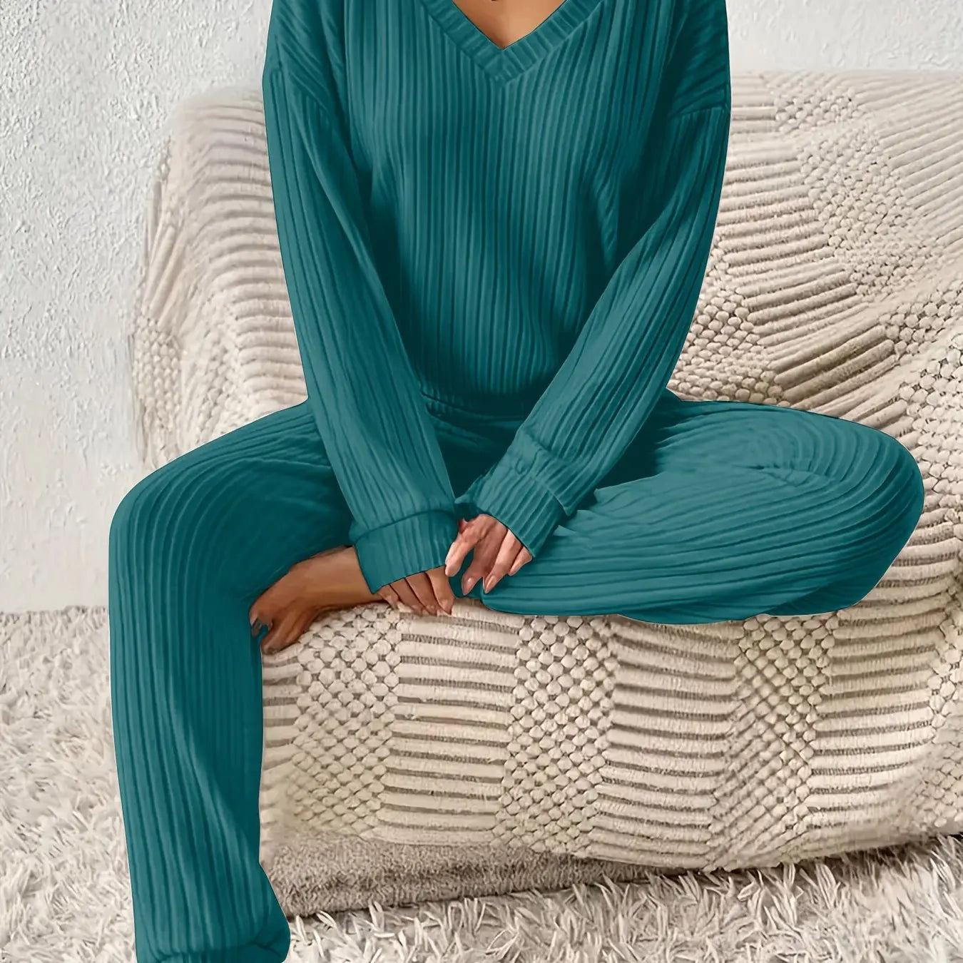 Women’s Knit Lounge Set – Long Sleeve Ribbed Top & Jogger Pants | Cozy 2-Piece Loungewear - TARHUS